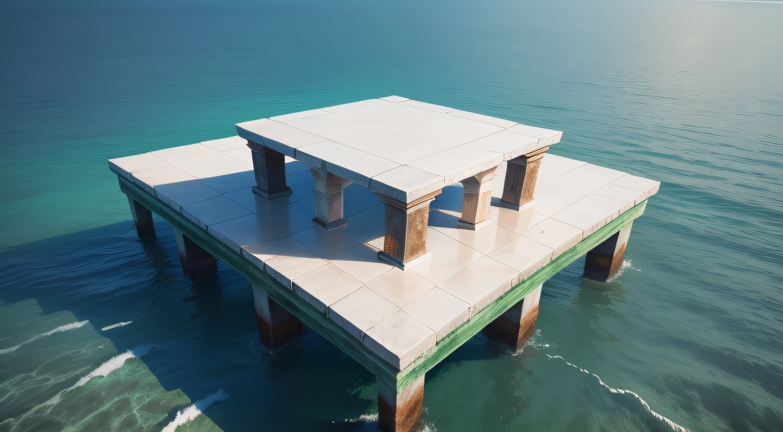 In the center of the sea there is a square platform with four short columns，This platform is at a third of the way through the picture