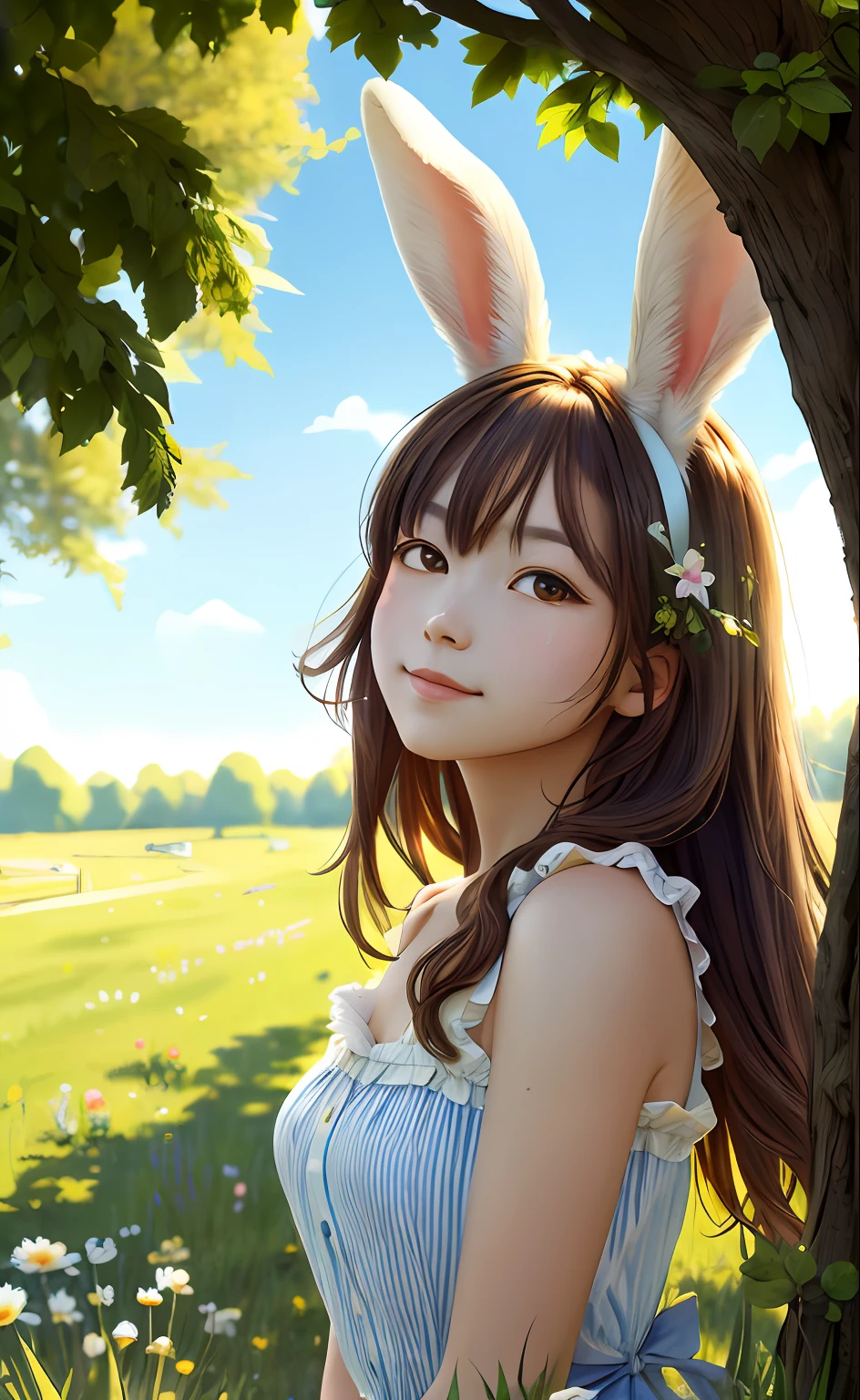 ((masterpiece, best quality)), soil, animal ears, fluffy rabbit, rabbit ears, looking at the viewer, grass, outdoors, whole body, animal, sunlight, dappled sunlight, daytime, depth of field --v6