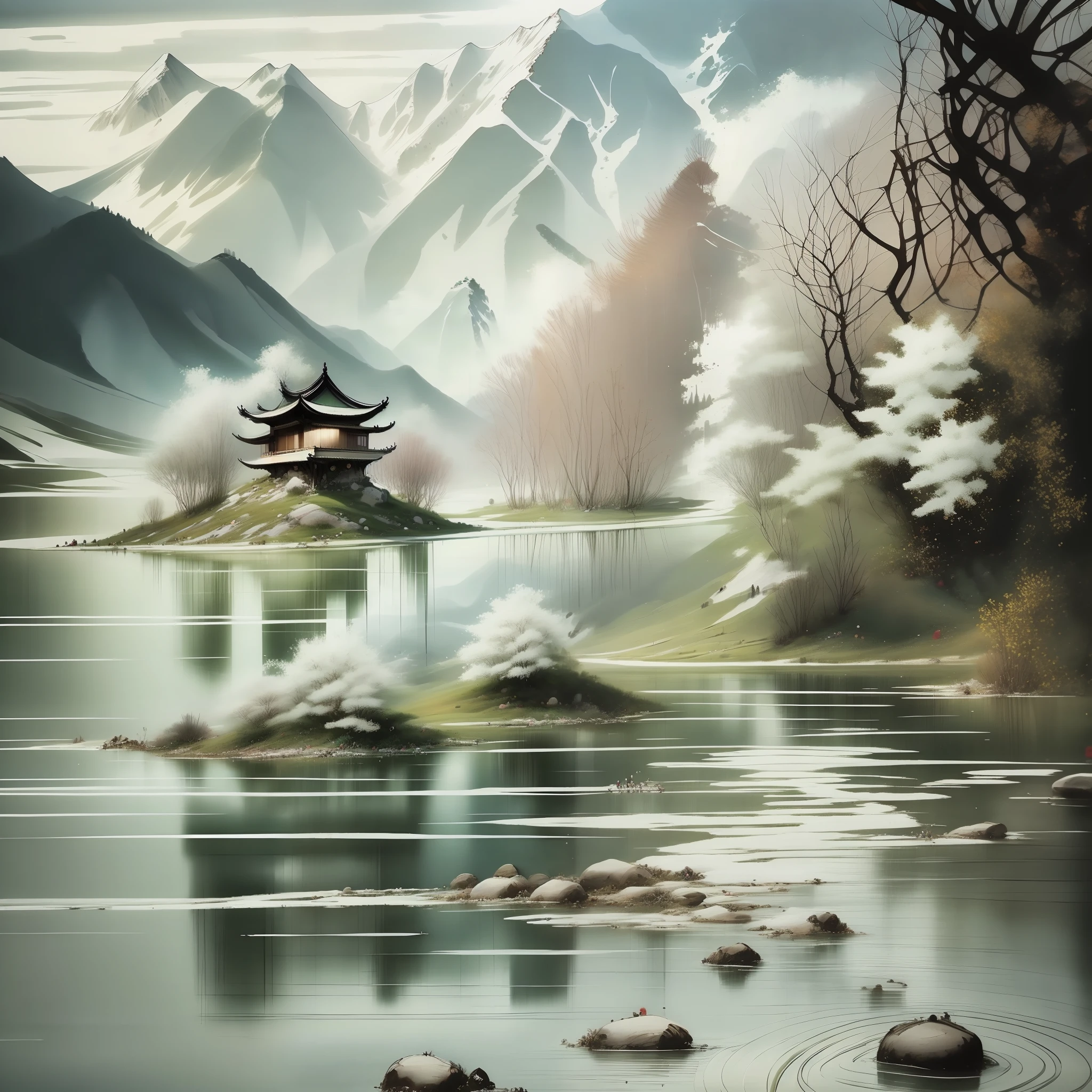 Mountains and mountains，夏天，Snow country at the top of the mountain，Snow Country Palace，10,000 stairs to climb up the rocks，Photorealsitic，Wonderland is ethereal，Chinese classical，