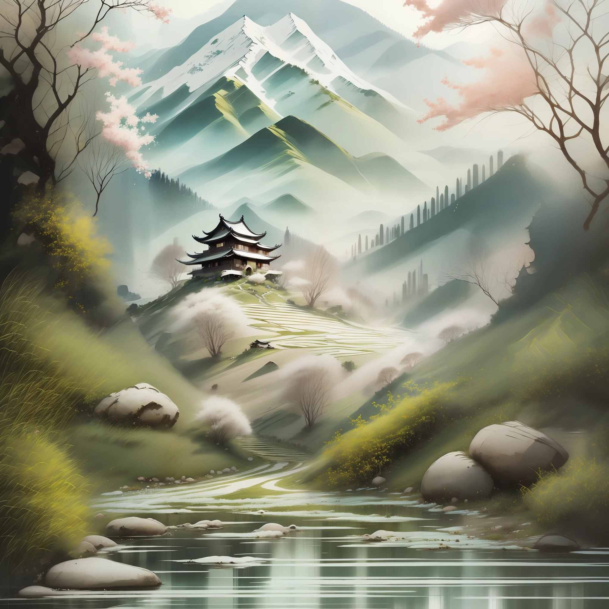 Mountains and mountains,夏天,Snow Country on the top of the mountain,Snow Country Palace,10,000 stairs climb the rock,Photorealsitic,Wonderland flutters,Chinese classical,