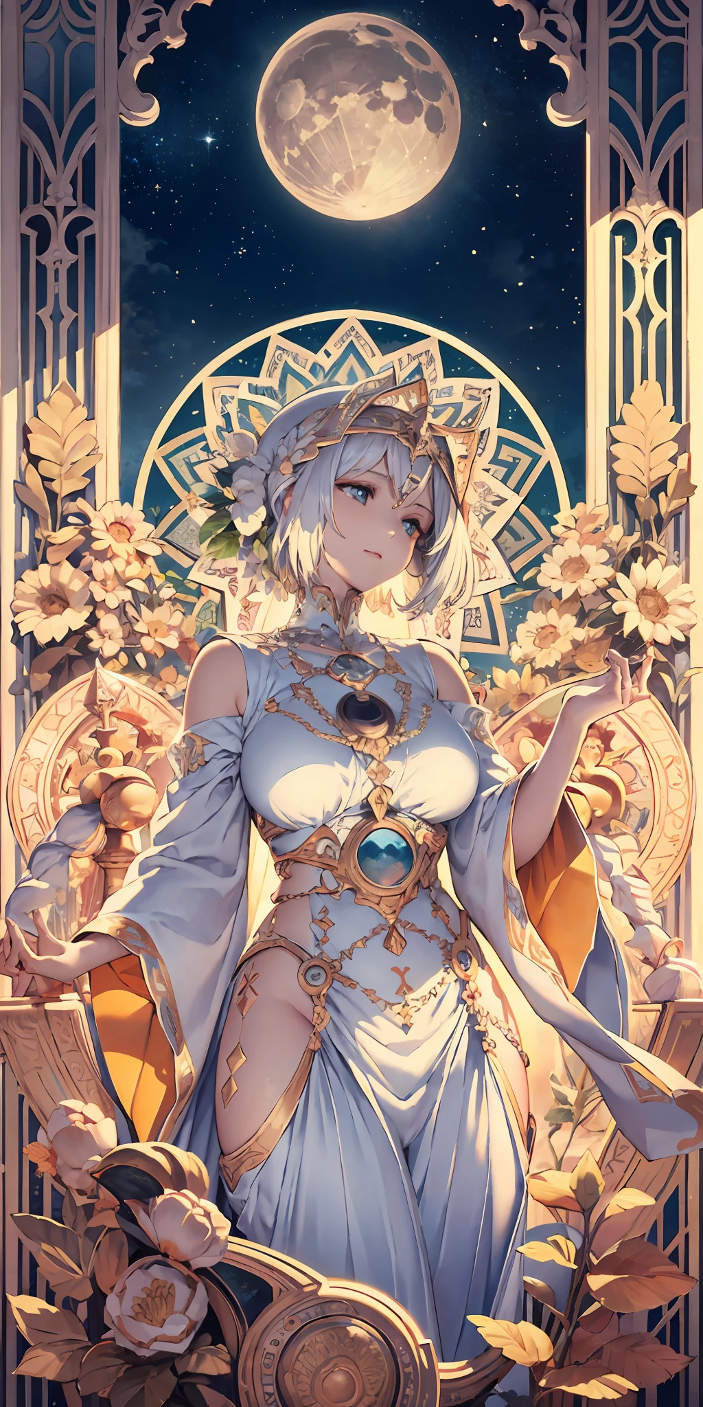 Gaia, Mother God,august,Great,Plump Goddess,white apparel,full bodyesbian,Flower frame,Decorative panels, abstract artistic, Alphonse Mucha (tmasterpiece, best qualtiy, A high resolution: 1.4), A detailed, Complicated details, 4K, Color splattering, Line art, Fibonacci, starrysky, natta, exteriors, Clouds, Reflectors, Eau, magick, (tarot cards),Cards, ((beautiful golden crystal star)) buliding, palaces, Patterned, Sumeru, Clouds, themoon