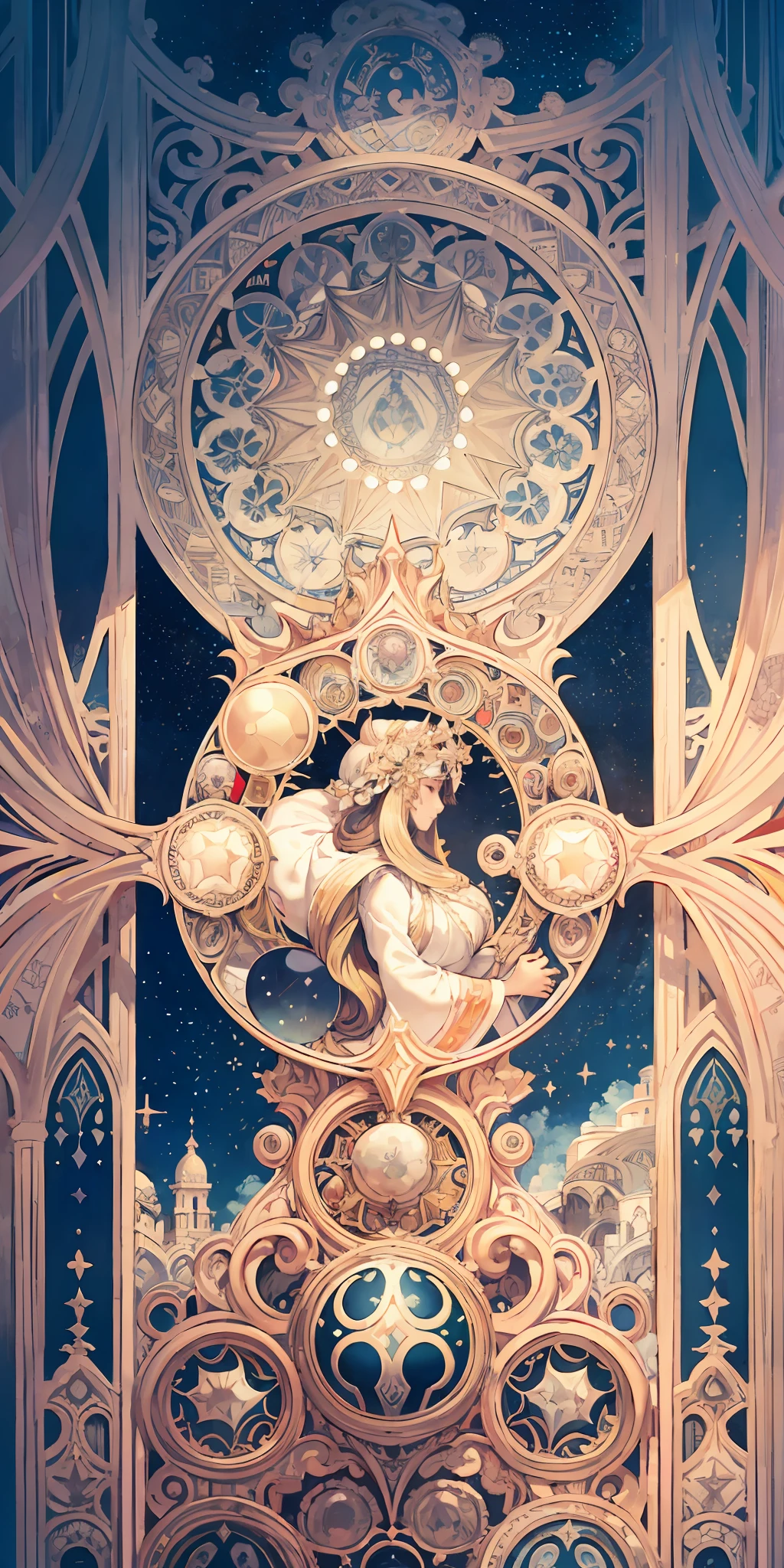 Gaia, Mother God,august,Great,Plump Goddess,white apparel,full bodyesbian,Flower frame,Decorative panels, abstract artistic, Alphonse Mucha (tmasterpiece, best qualtiy, A high resolution: 1.4), A detailed, Complicated details, 4K, Color splattering, Line art, Fibonacci, starrysky, natta, exteriors, Clouds, Reflectors, Eau, magick, (tarot cards),Cards, ((beautiful golden crystal star)) buliding, palaces, Patterned, Sumeru, Clouds, themoon