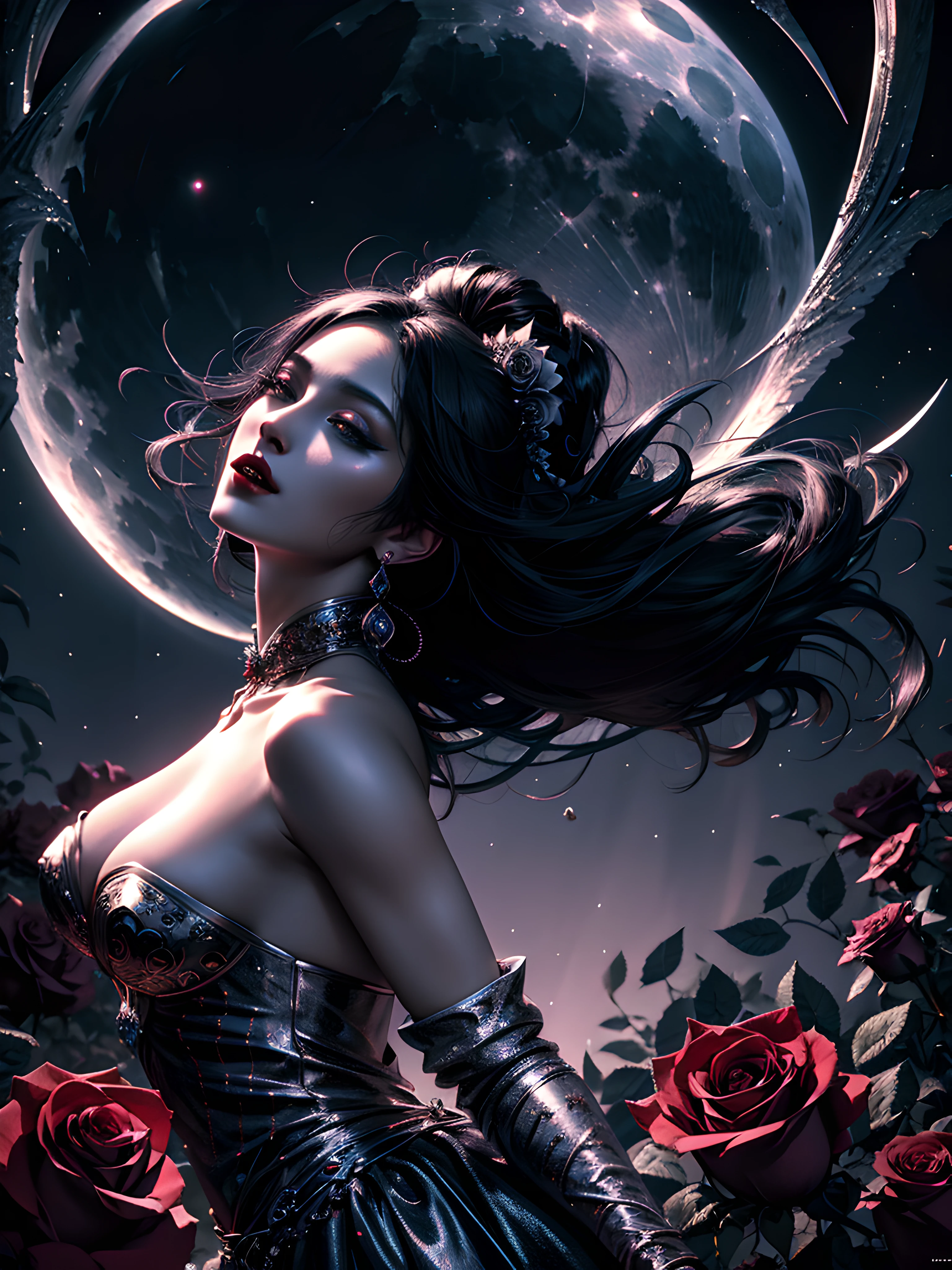 best quality, masterpiece, Surreal dark fantasy style, a goddess of vampires dancing in the moonlight on a beautiful rose, dreamy, (hyper detailed face:1.2), soft light, moonlight, ray tracing, lots of roses, full length shot, soft illumination, highly detailed, 8k