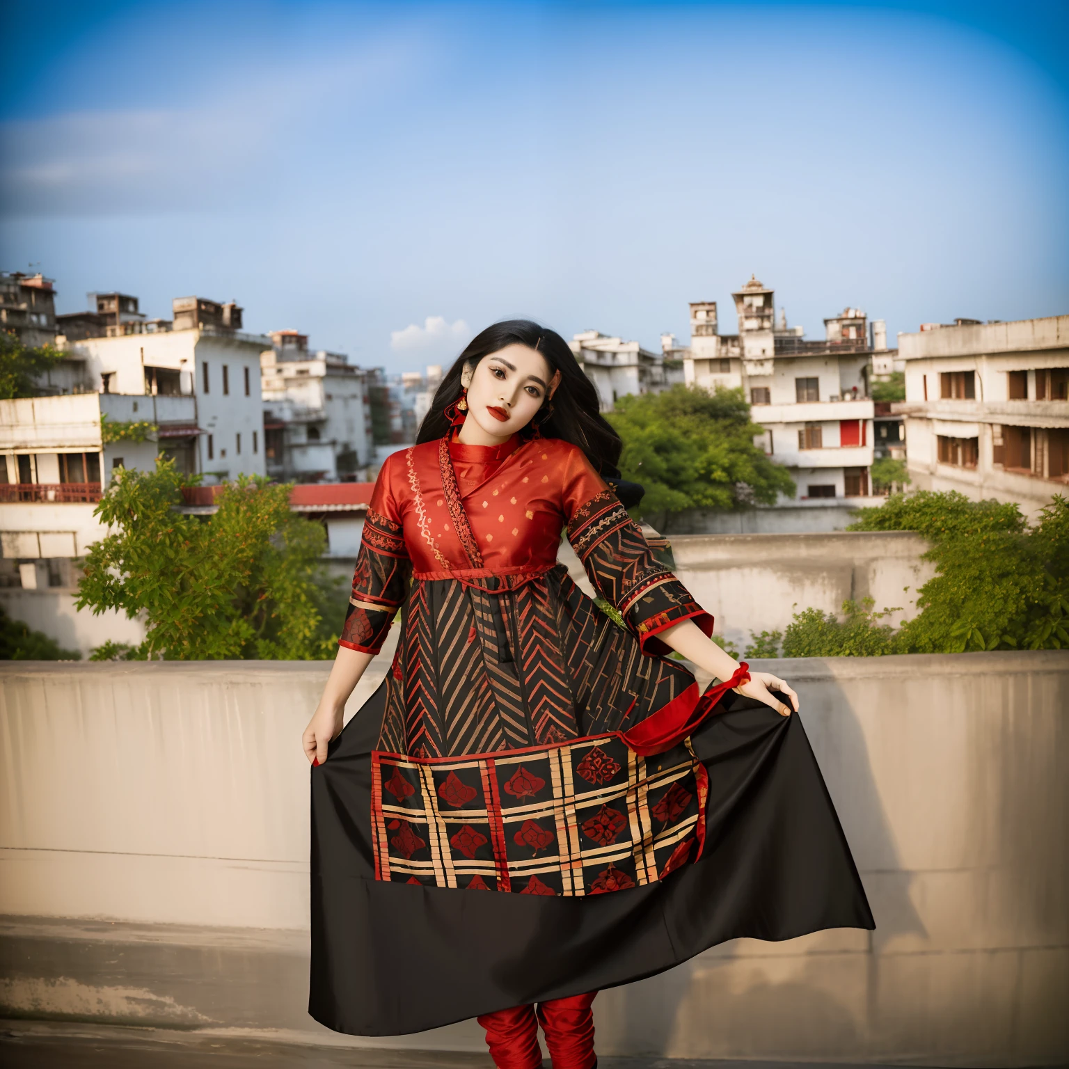 woman in a red and black dress standing on a ledge, dressed with long fluent clothes, full body photogenic shot, with lovely look, wearing bihu dress mekhela sador, with fashion clothe, taken with sony alpha 9, wearing an elegant tribal outfit, wearing a kurta, taken with canon 8 0 d, candid picture, wearing a silk kurta