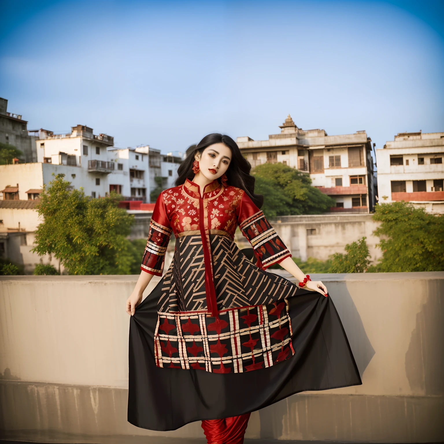 woman in a red and black dress standing on a ledge, dressed with long fluent clothes, full body photogenic shot, with lovely look, wearing bihu dress mekhela sador, with fashion clothe, taken with sony alpha 9, wearing an elegant tribal outfit, wearing a kurta, taken with canon 8 0 d, candid picture, wearing a silk kurta