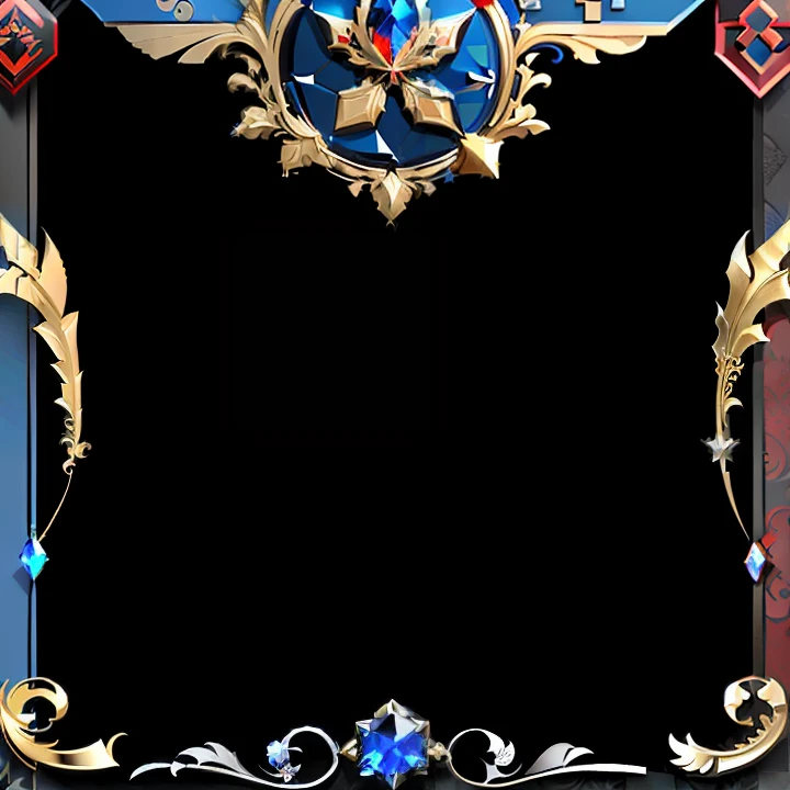 with black background,Game avatar frame,Red and blue color scheme,Ornate metal décor,There are two crossed swords at the top,There is a blue gemstone at the bottom