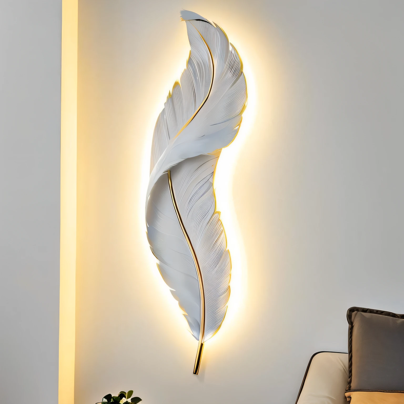 There is a white feather-shaped lamp on the wall, big white glowing wings, light lighting side view, glowing white accent lighting, white accent lighting, rgb wall light, Emphasize white lighting, famous designer lamp, glowing feathers, sconces, Delicate white and gold neon, stunning volumetric light, bright light masterpiece, elegant lighting, 2 0 2 0