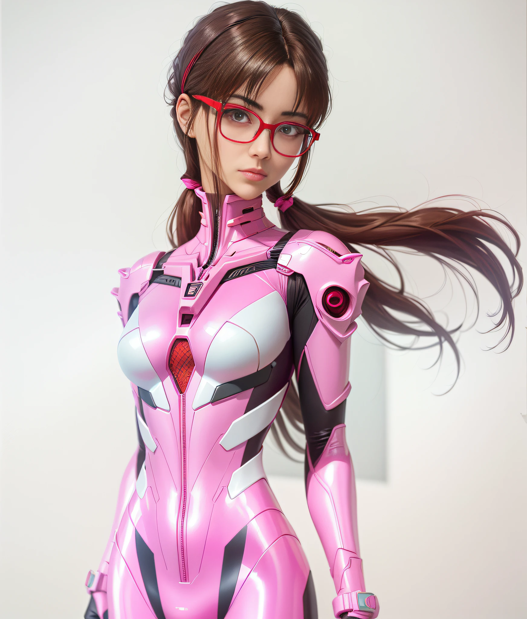 8k photo, Super realistic, Beautiful features, Double eyelids,,Clean eyes,（1.5)Woman posing in pink suit、((1girl in))、brown haired、hyperdetailed face、very detailed lips、Detailed eye、((Beautiful girl in pink plug suit and glasses))、((A beautiful girl who looks like Mari in the new movie version of Evangelion the Movie))、closes mouth、((Red framed glasses))、((Red elongated rectangular frame glasses))、((Straight long pigtail))、Long boots in pink color、((Pink plug suit))、slenderbody、Look at the viewer with your whole body、(Light flare:1.2)+close-up+Beautiful skin+Dynamic+high detal+Back lighting+downy+afloat+Modern metropolis