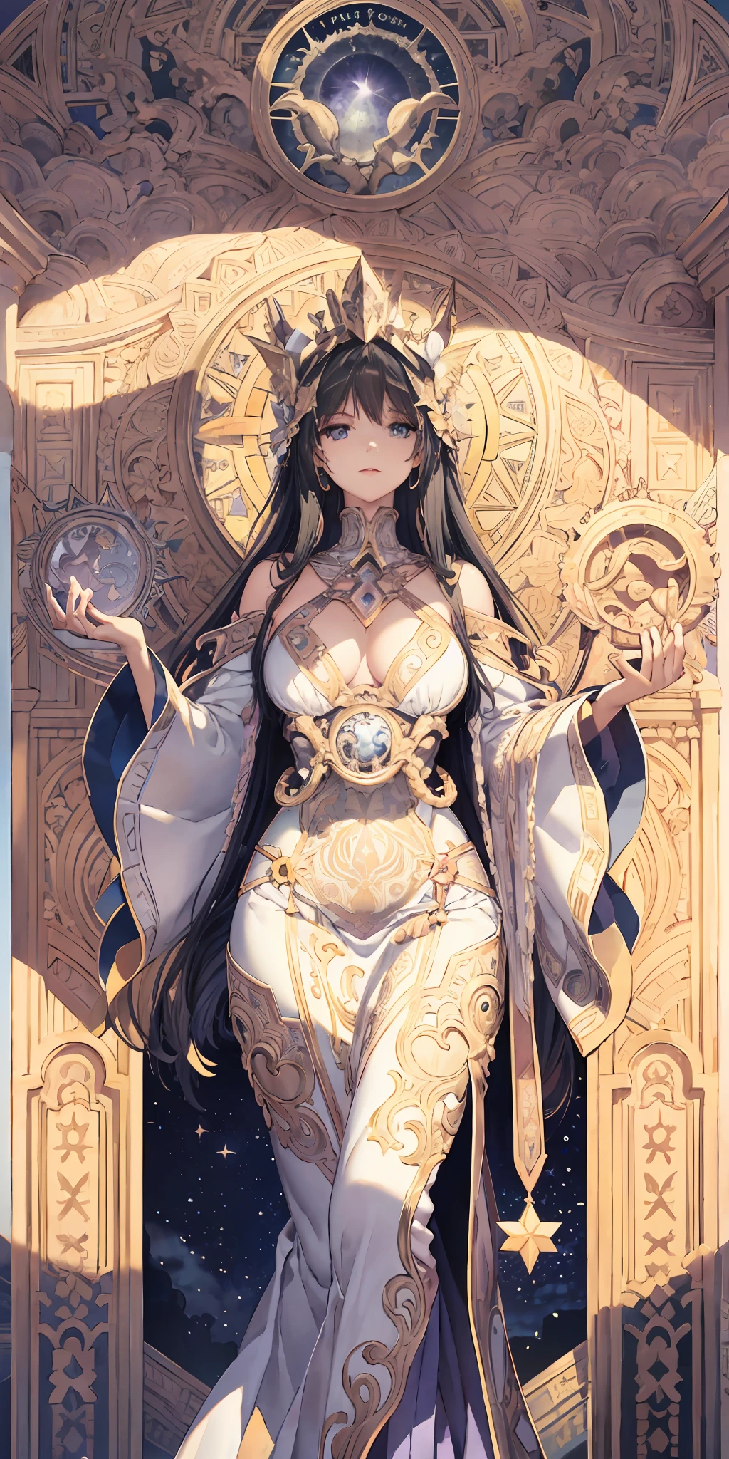 Gaia, Mother God,august,Great,Plump Goddess,Purple attire,full bodyesbian,Flower frame,Decorative panels, abstract artistic, Alphonse Mucha (tmasterpiece, best qualtiy, A high resolution: 1.4), A detailed, Complicated details, 4K, Color splattering, Line art, Fibonacci, starrysky, natta, exteriors, Clouds, Reflectors, Eau, magick, (tarot cards),Cards, ((beautiful golden crystal star)) buliding, palaces, Patterned, Sumeru, Clouds, themoon