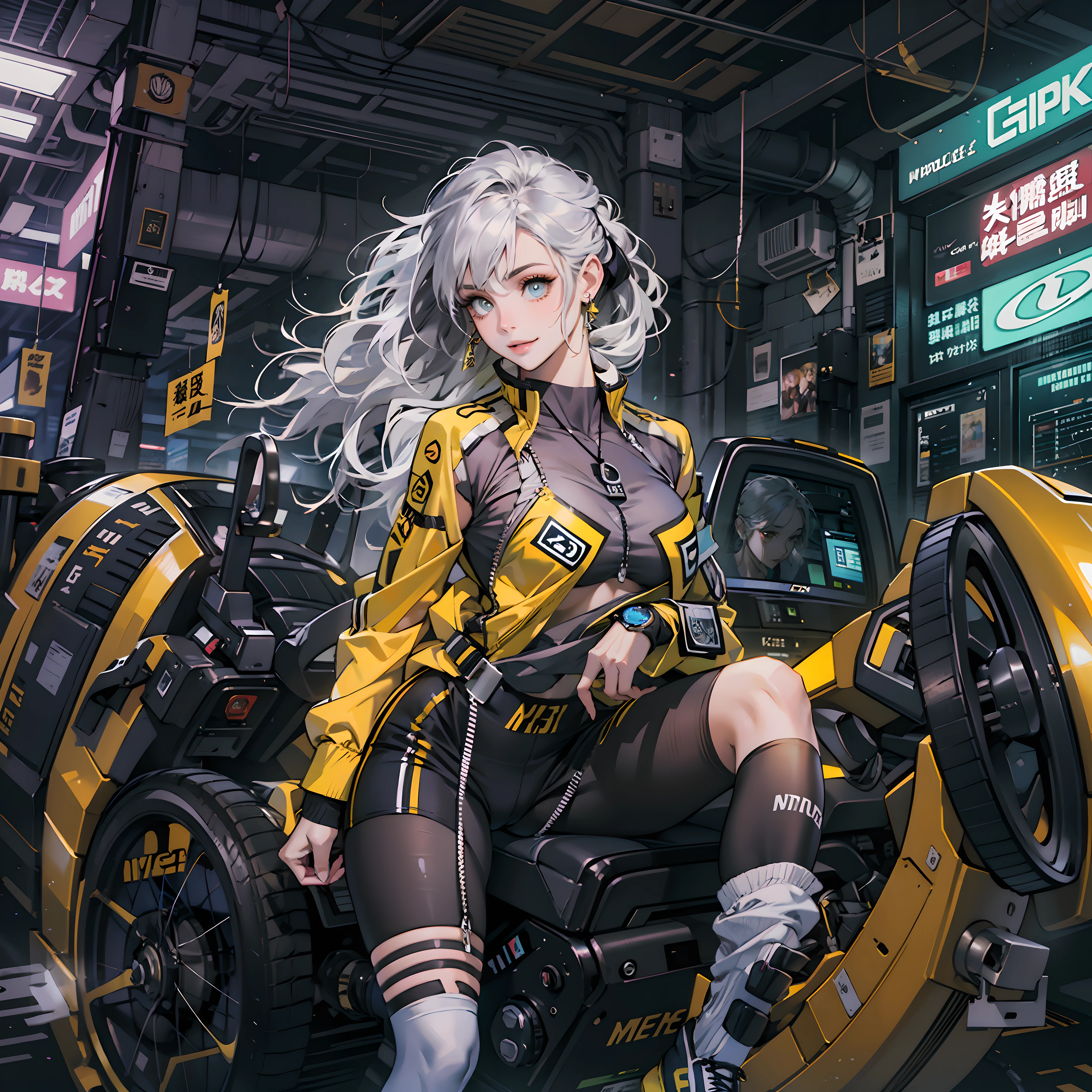 Best quality,tmasterpiece,Ultra-high resolution fills the picture,Indoor at night,the night,Indoor neon lights,Yellow color scheme,Rich egg yellow,Silvery-white hair,Yellow and black tights,Yellow and black color scheme clothing,Sporty skirts,the complex background,Gym interior background,Weight instruments in the background,High-tech screen in the background,Lateral face,Smiling,Dress less,There are fitness elements in the rear,nike,nike,nike,Tech gym,Perfect makeup,Love eyes,8K quality,Cyberpunk,sense of science and technology,Character backlighting,rim-light,Movement changes,Flowing hairstyle,Loose hairstyle,The number of fingers is refined,Full body in camera,9 doppelganger diagram,Luminous stud earrings,Luminous digital necklace,Electronic digital watches,The most beautiful girl in mankind,Delicate close-up of the face,Realistic image quality,Super light and shadow,Very good figure,Meticulous,Arrow symbol,Brand sense,English slogan neon,Runway lights,Fitness gym at night,Very good figure,Raised sexy,luminous,Faraway view,Full body in camera,独奏,There is only one character,femele