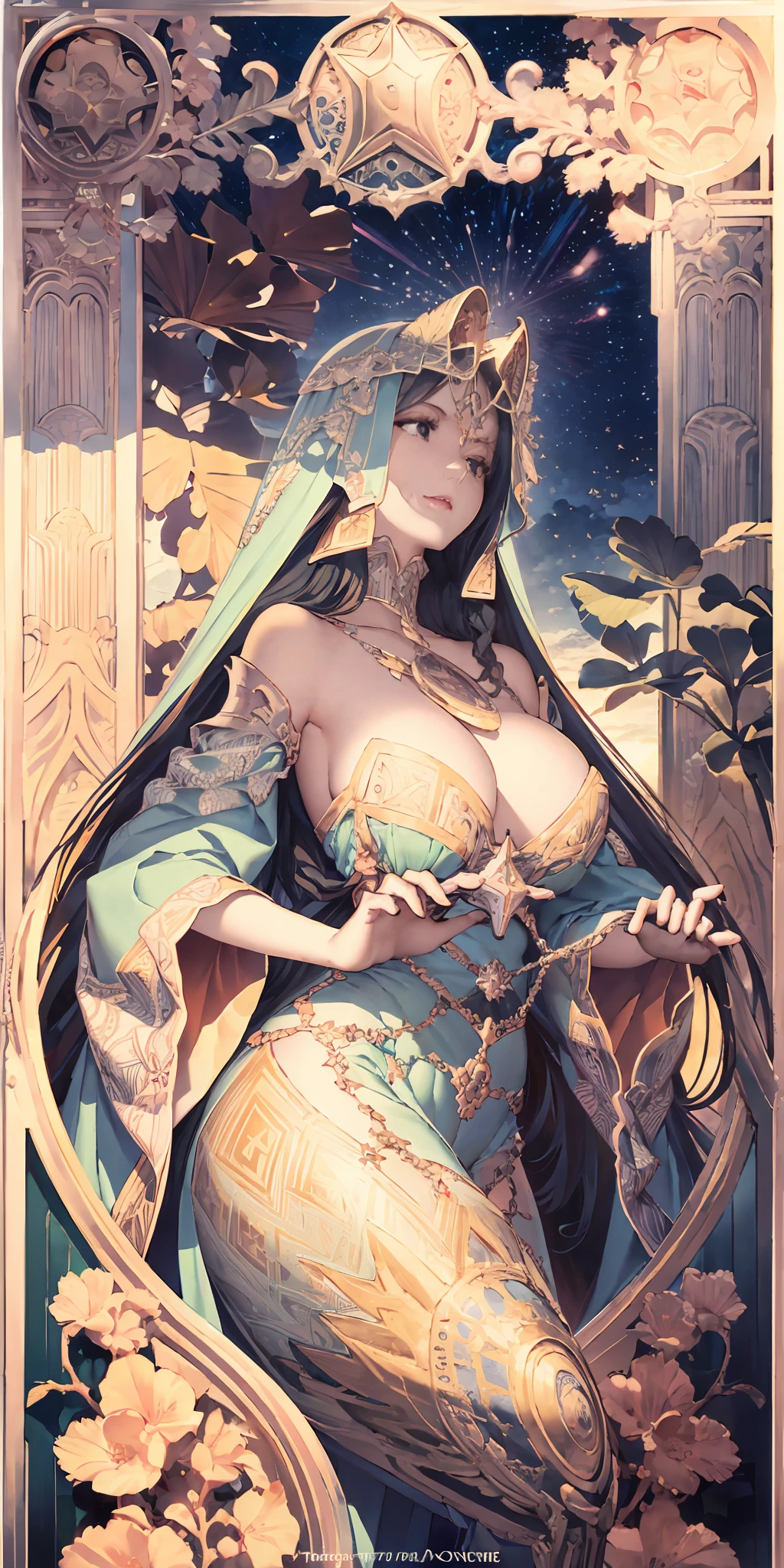 Gaia, Mother God,august,Great,Busty goddess,Purple clothing,full bodyesbian,Flower frame,Decorative panels, abstract artistic, Alphonse Mucha (tmasterpiece, best qualtiy, A high resolution: 1.4), A detailed, Complicated details, 4K, Color splattering, Line art, Fibonacci, starrysky, natta, exteriors, Clouds, Reflectors, Eau, magick, (tarot cards),Cards, ((beautiful golden crystal star)) buliding, palaces, Patterned, Sumeru, Clouds, themoon