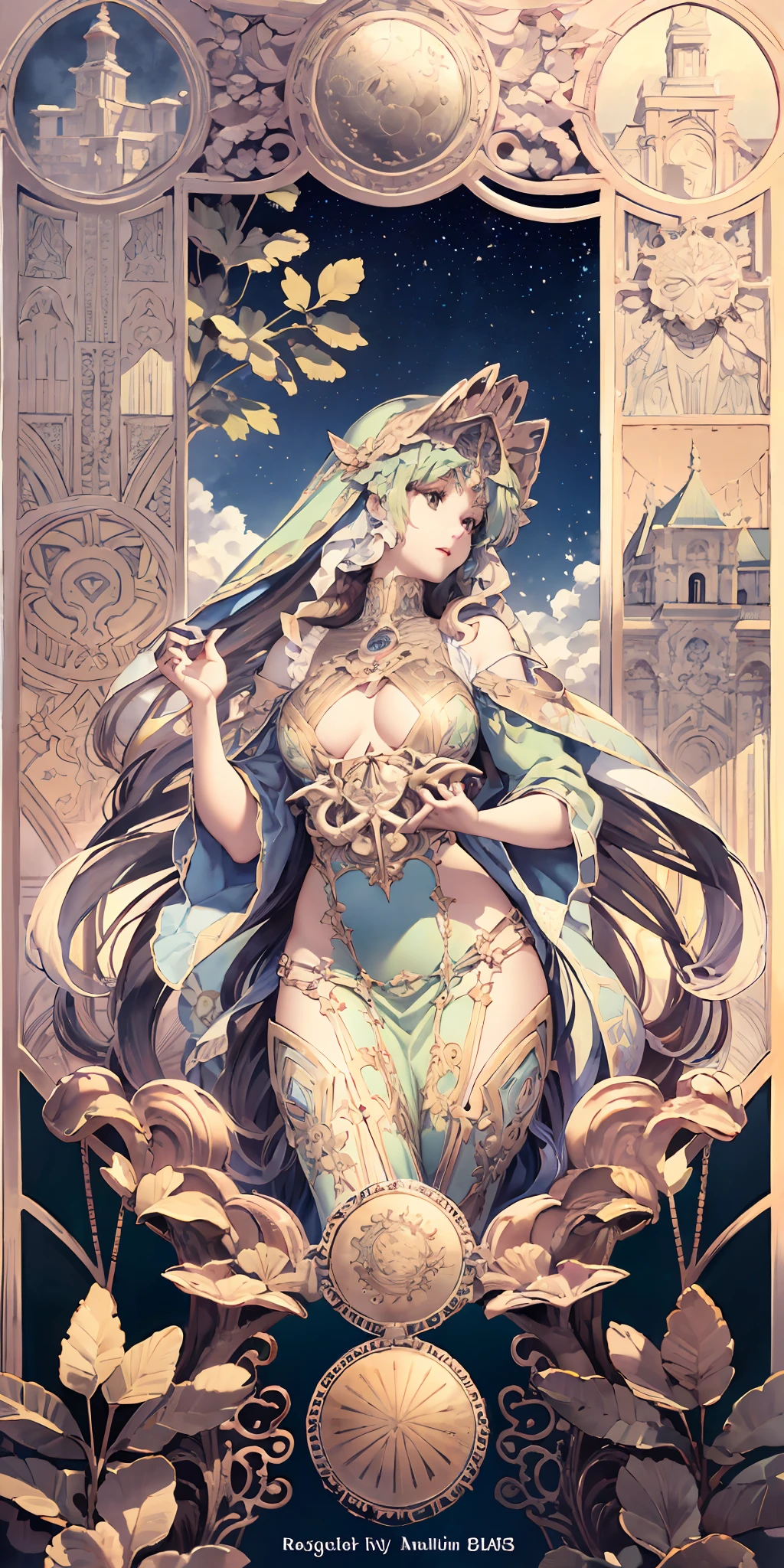 Gaia, Mother God,Plump and seductive goddess,full bodyesbian,Flower frame,Decorative panels, abstract artistic, Alphonse Mucha (tmasterpiece, best qualtiy, A high resolution: 1.4), A detailed, Complicated details, 4K, Color splattering, Line art, Fibonacci, starrysky, natta, exteriors, Clouds, Reflectors, Eau, magick, (tarot cards),Cards, ((beautiful golden crystal star)) buliding, palaces, Patterned, Sumeru, Clouds, themoon