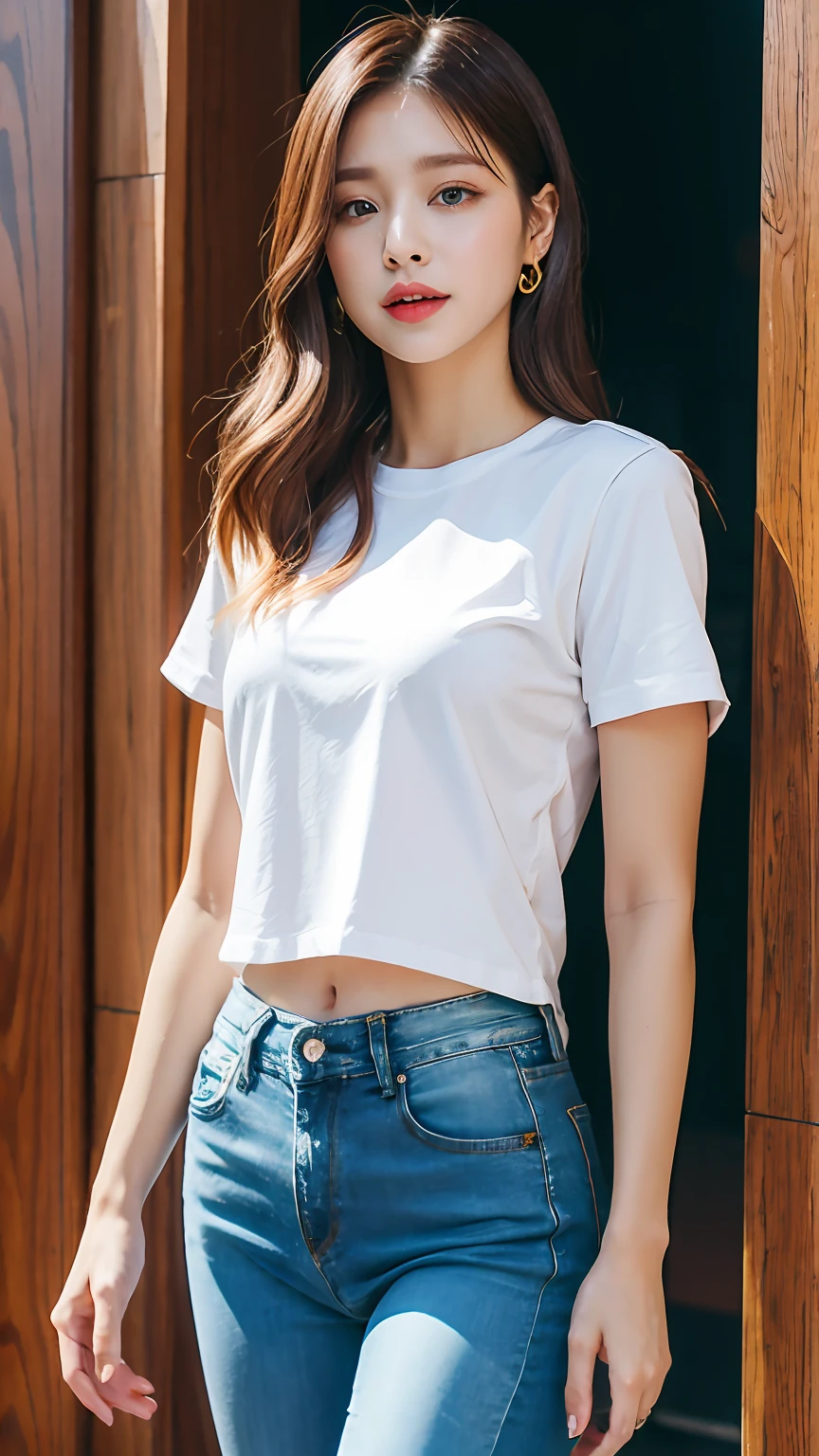 Wearing jeans and white t-shirt