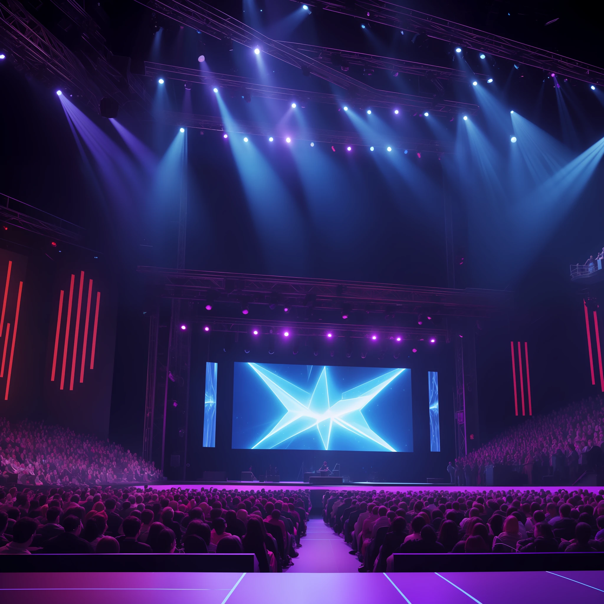 The Aalfed stage with a stage and the stage with a stage design, elaborate stage effects, projection design installation, Stage Liggett, Huge black purple LED screen，photo from 2022, cinematic ilumination, exhibition hall lighting, holographic projections, Stage background, corporate holograms, 3 6 0投影, foreground background，Real-world lighting，Best quality at best，8K resolution lenses rich color ultra-realistic realism, Photorealism, High contrast, High-definition photorealistic digital art trends,