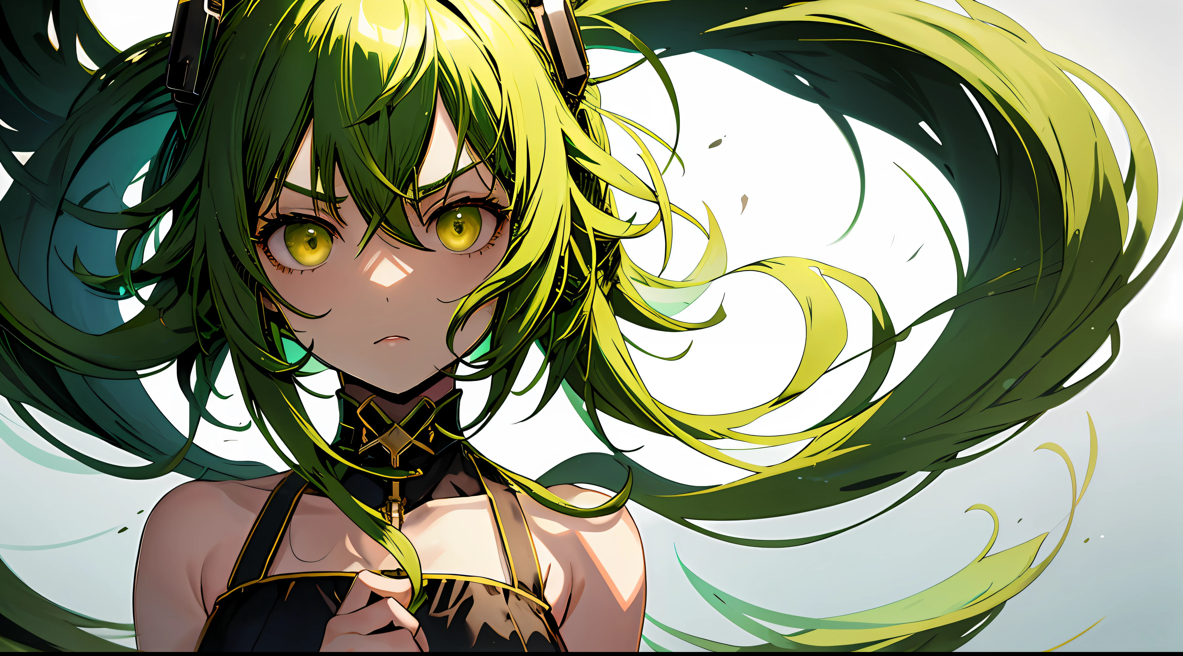 1girl in, Upper body, light green hair, Gumi,Dark look,Serious