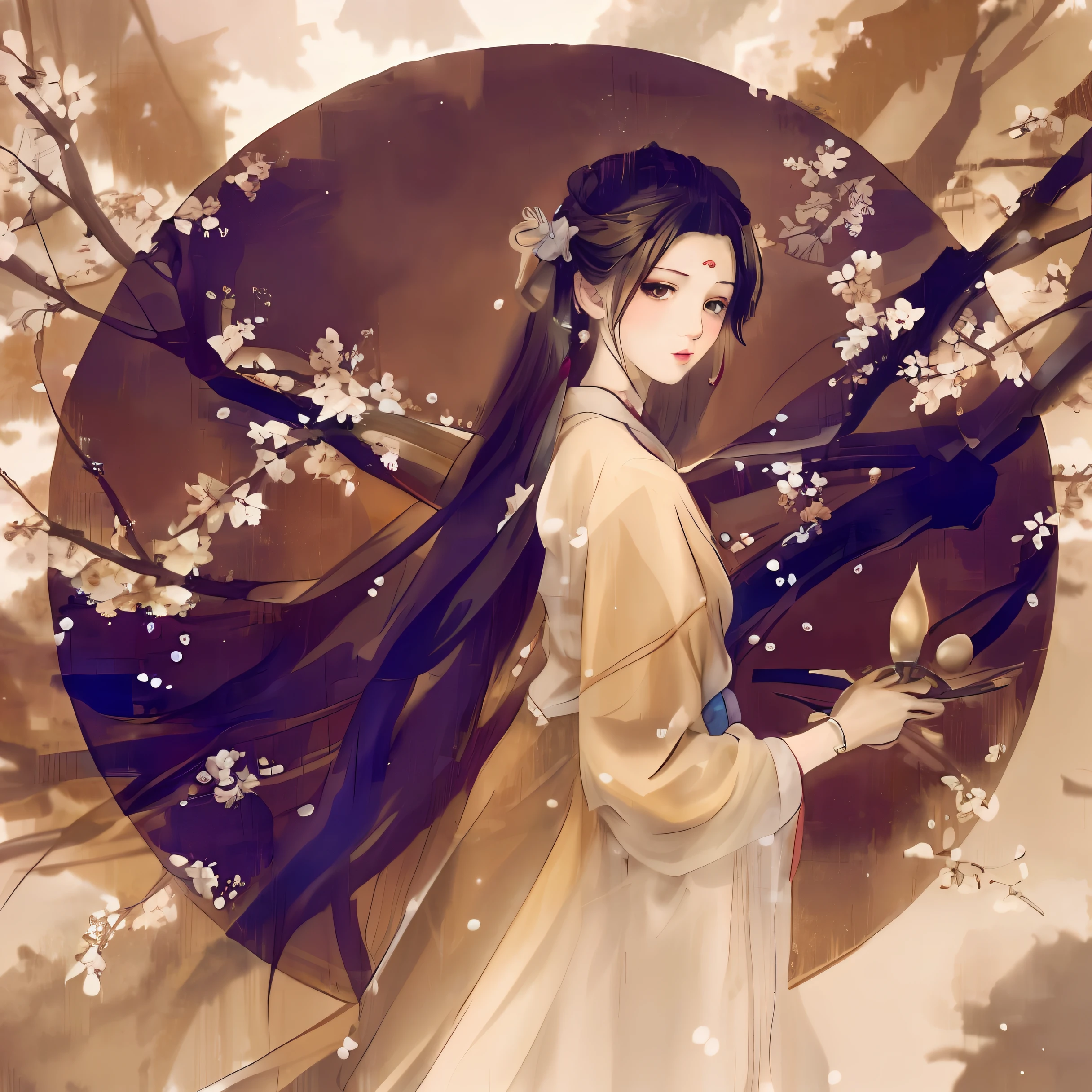 Close-up of a long-haired woman holding a fan, Palace , A girl in Hanfu, Beautiful character painting, by Yang J, Chinese painting style, By Leng Mei, Beautiful anime style, Anime girl with long hair, flowing hair and long robes, Princesa chinesa antiga, Guviz-style artwork, By Li Song, White Hanfu