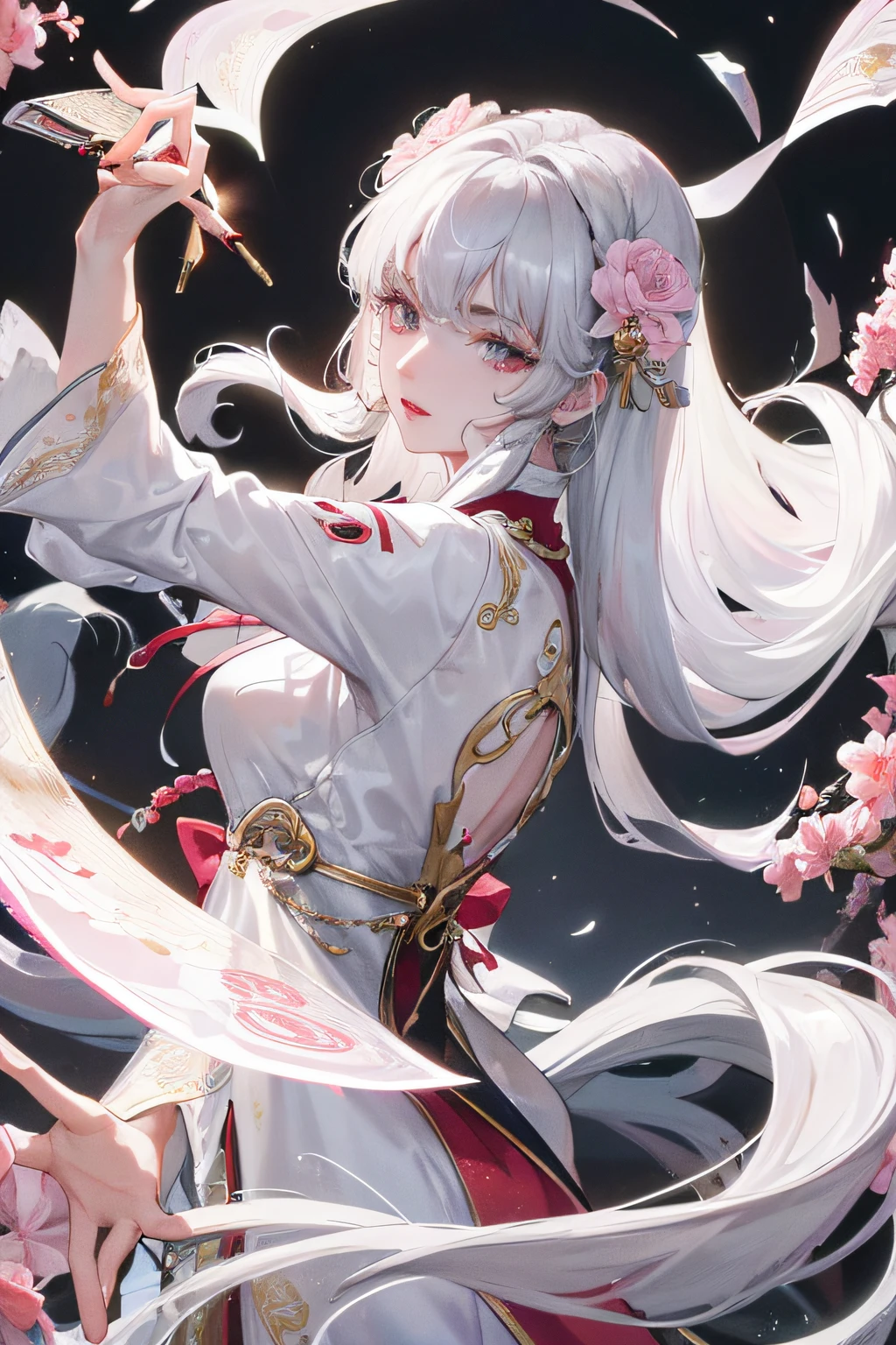 8K, Masterpiece, Best quality, Night, full moon, 1 girl, Chinese style, Chinese architecture, Mature woman, sister, Silver white long haired woman, Long hair, Light pink lips, calm, logical, bangs, Gray pupils, assassins, Fan, Knife fan, petal dancing, Delicate face,
