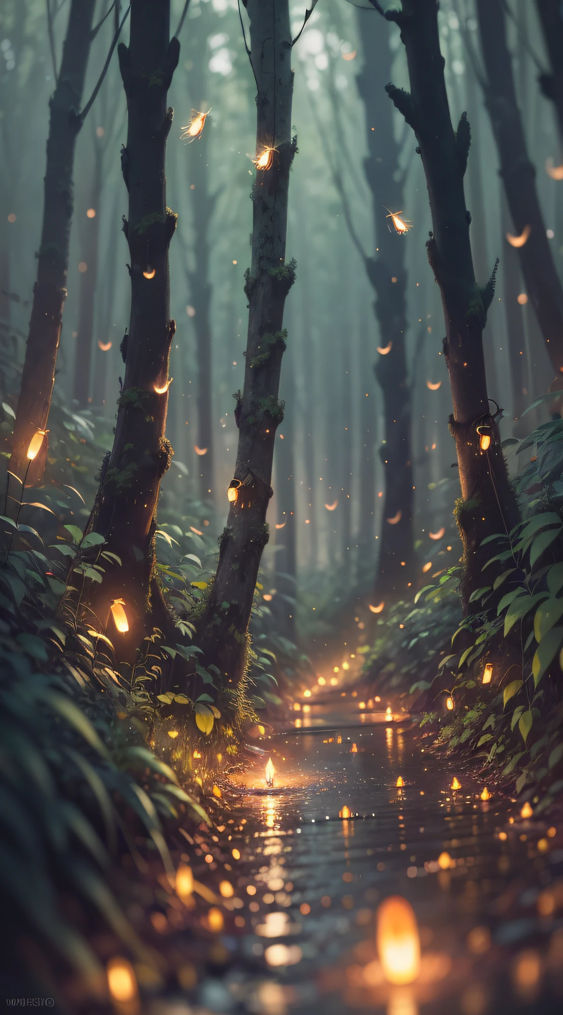 There are many fireflies flying around in the night sky, glowing firebugs,Fireflies fly in the forest, magical forest with fireflies,high definition detail, wet watermarks,Hyper-detailing, cinematic ligh, ultra-realistic realism, softlighting, Deep field focus bokeh, Ray tracing and surrealism --v6