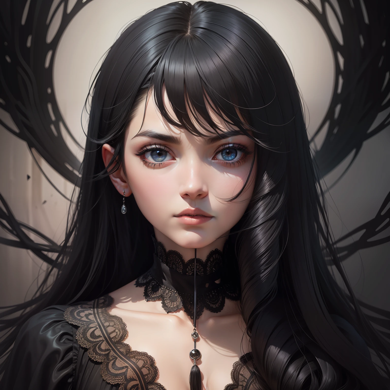 black hair, Surrealism, super detail