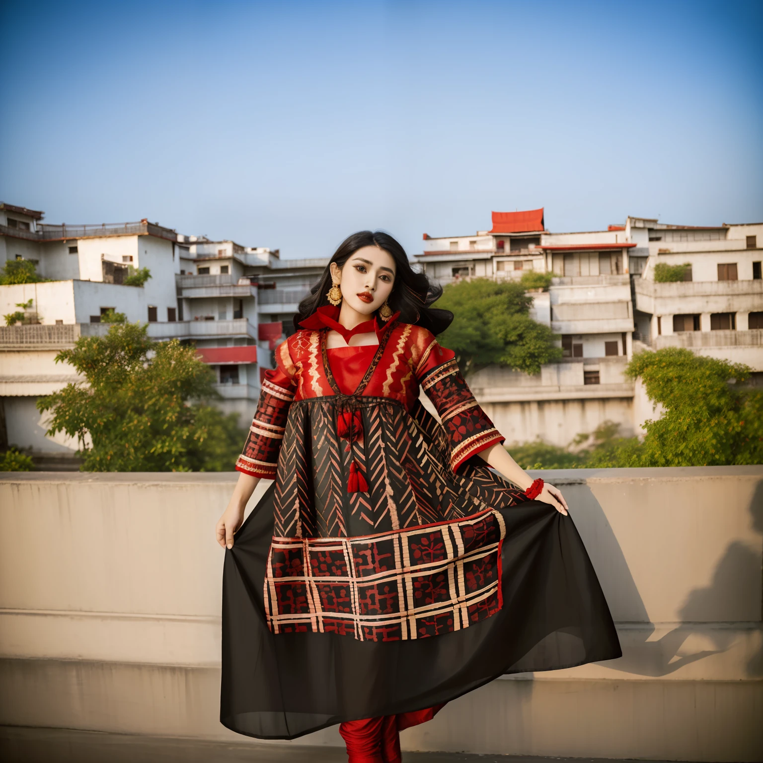 woman in a red and black dress standing on a ledge, dressed with long fluent clothes, full body photogenic shot, with lovely look, wearing bihu dress mekhela sador, with fashion clothe, taken with sony alpha 9, wearing an elegant tribal outfit, wearing a kurta, taken with canon 8 0 d, candid picture, wearing a silk kurta