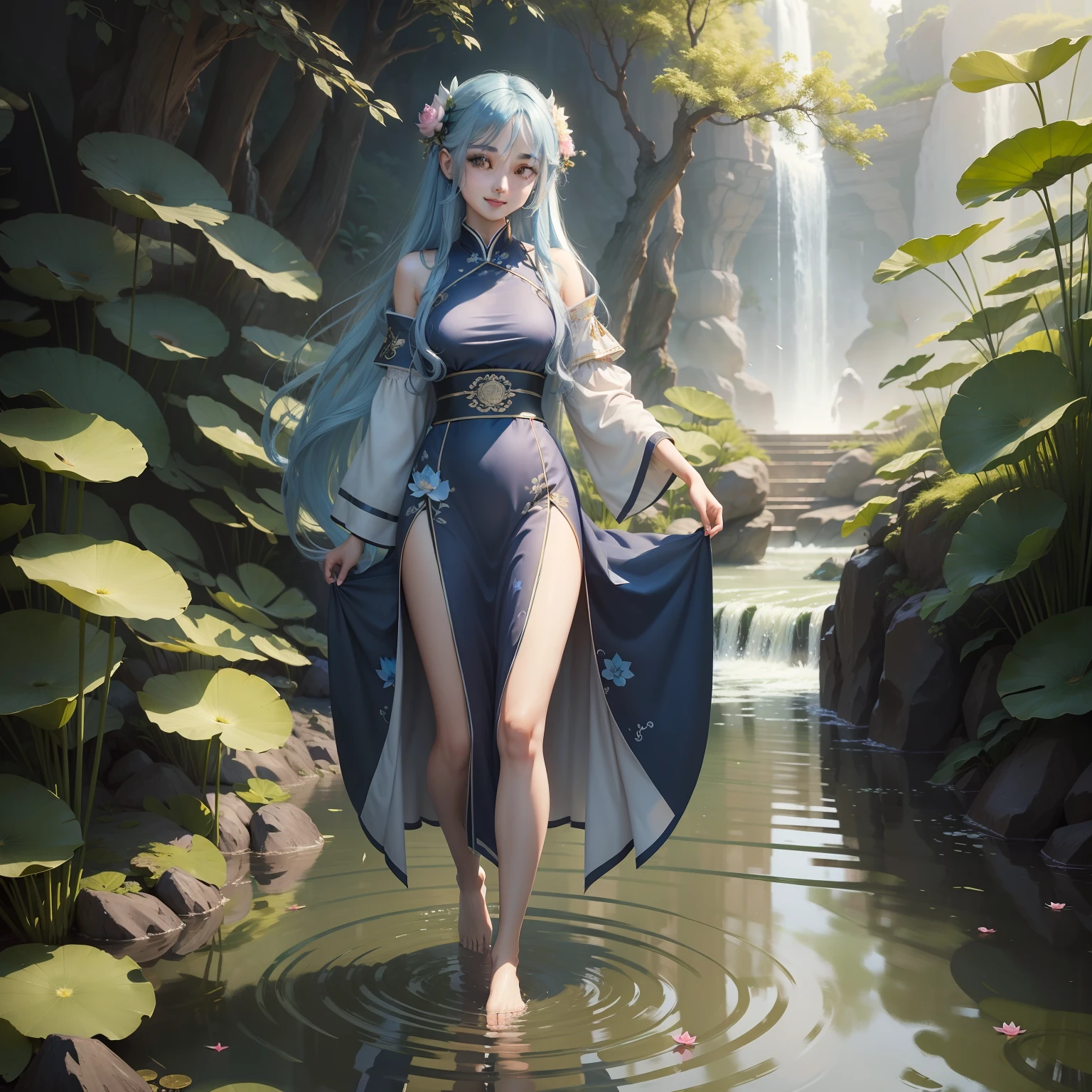 ((4k,masterpiece,best quality)), shuimobysim, Chinese painting, lotus, hanfu, maxiskit, revealing dress 1girl, solo, long blue hair, smile, standing, feet in water, barefoot,