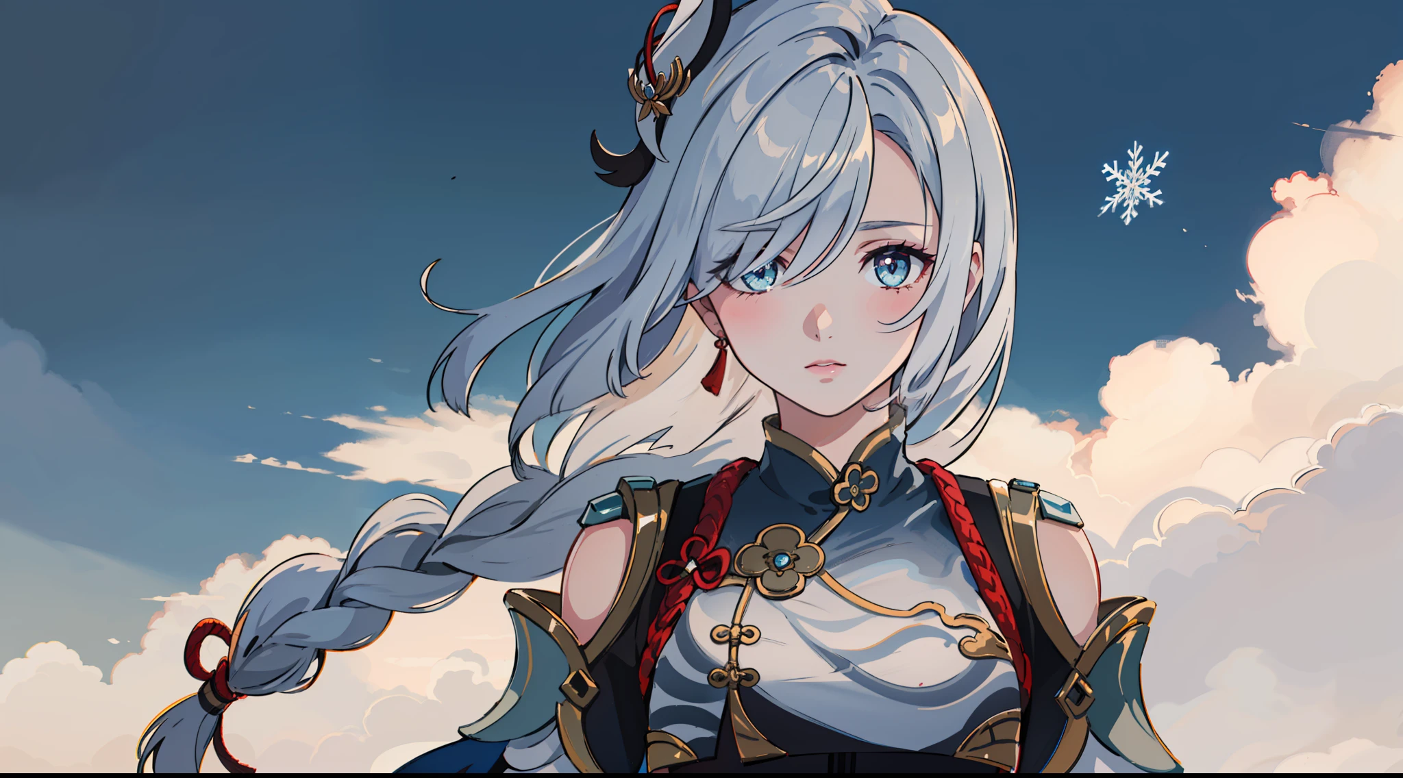 shenhedef, upper body, seductive look, blush, outdoors, snowflake scenery, looking at viewer, cloudy, moody lighting, (perfect detail eyes:1.2), glowing eyes, (long hair one braid:1.2), elemental skill effect, (Masterpiece, Best Quality, High Quality:1.4), professional artwork, Intricate Details, field of view, sharp focus, detailed painting, photorealistic lighting, trending on pixiv, (vivid lighting, vibrant colors:1.05), realistic shadows, ambient occlusion, (athletic body:1.3), mature woman, 30yo,