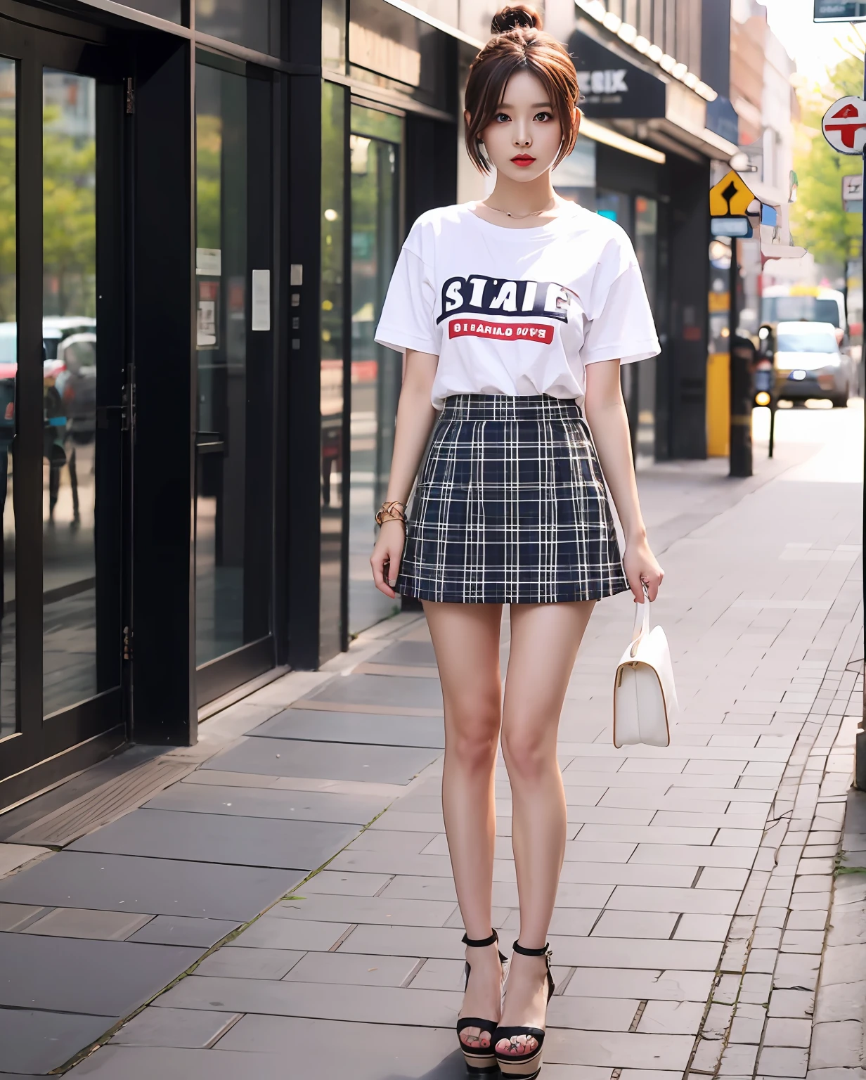 A woman in a short T-shirt skirt，Very long legs，white  panties，Short hair，Platform sandals，eye makeup，perfect bodies，Amazing