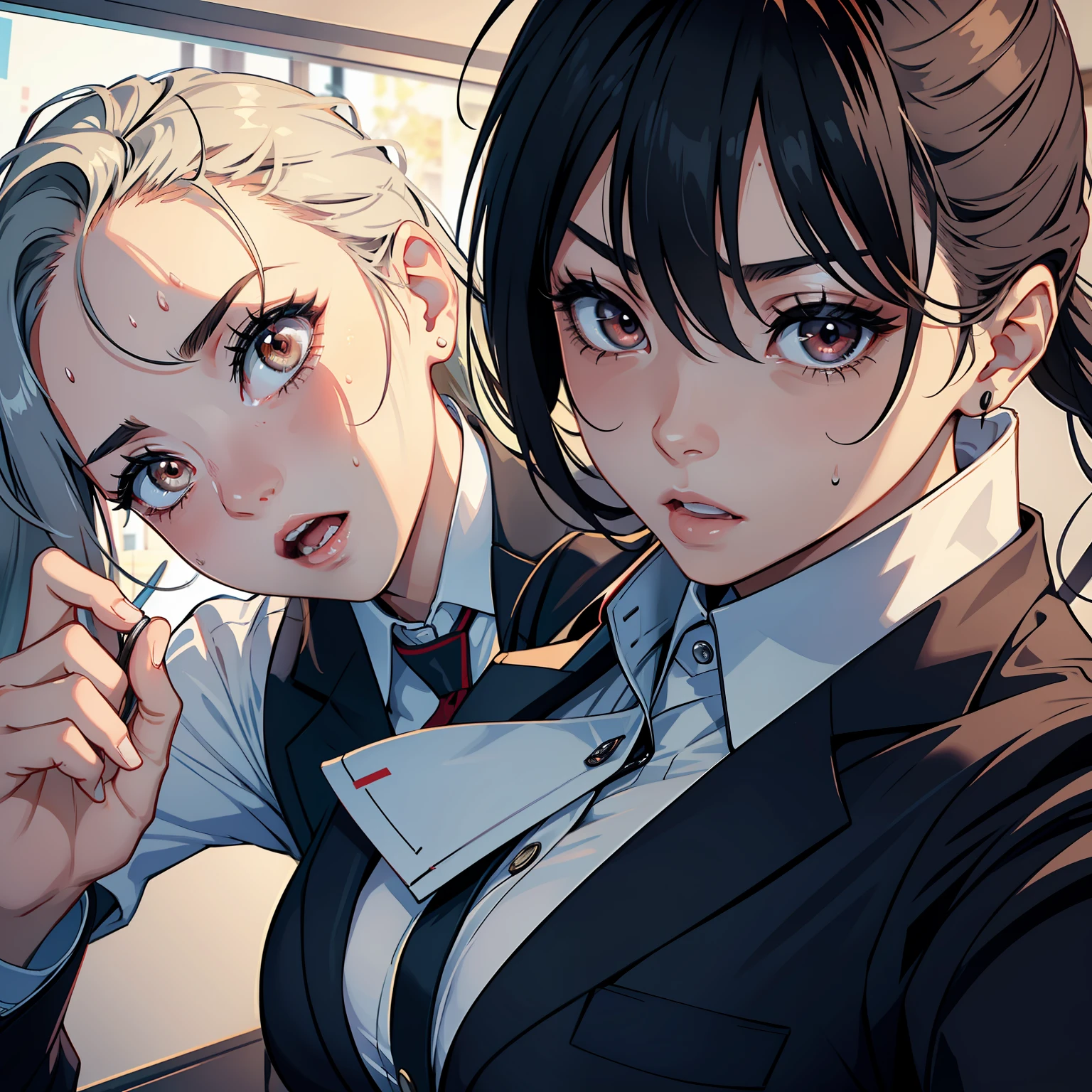 Female bank tler，Wear professional attire，The eyes are terrified，The mouth opens wide，Sweat on the forehead，The eyes are big，it's lovely