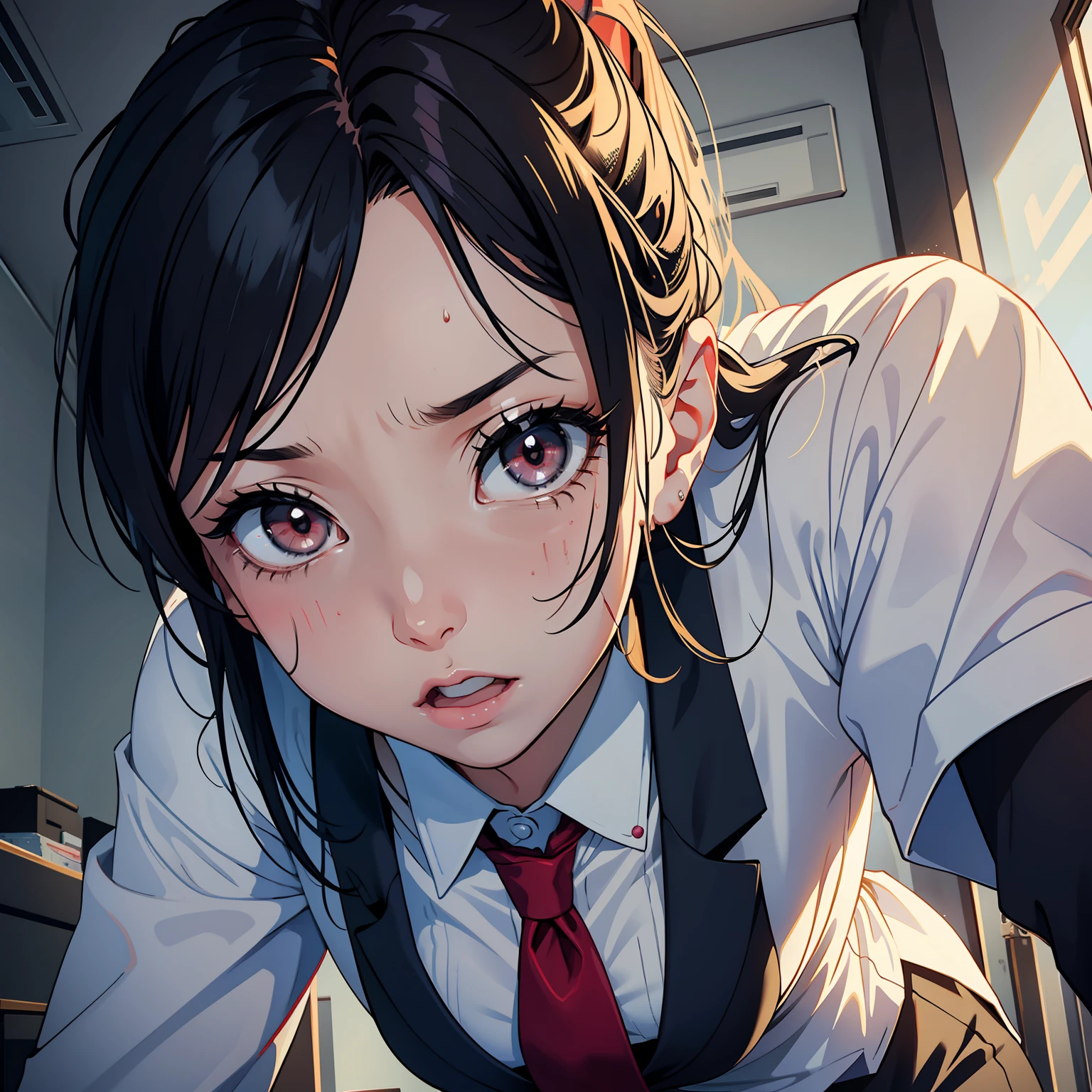 Female bank tler，Wear professional attire，The eyes are terrified，The mouth opens wide，Sweat on the forehead，The eyes are big，it's lovely