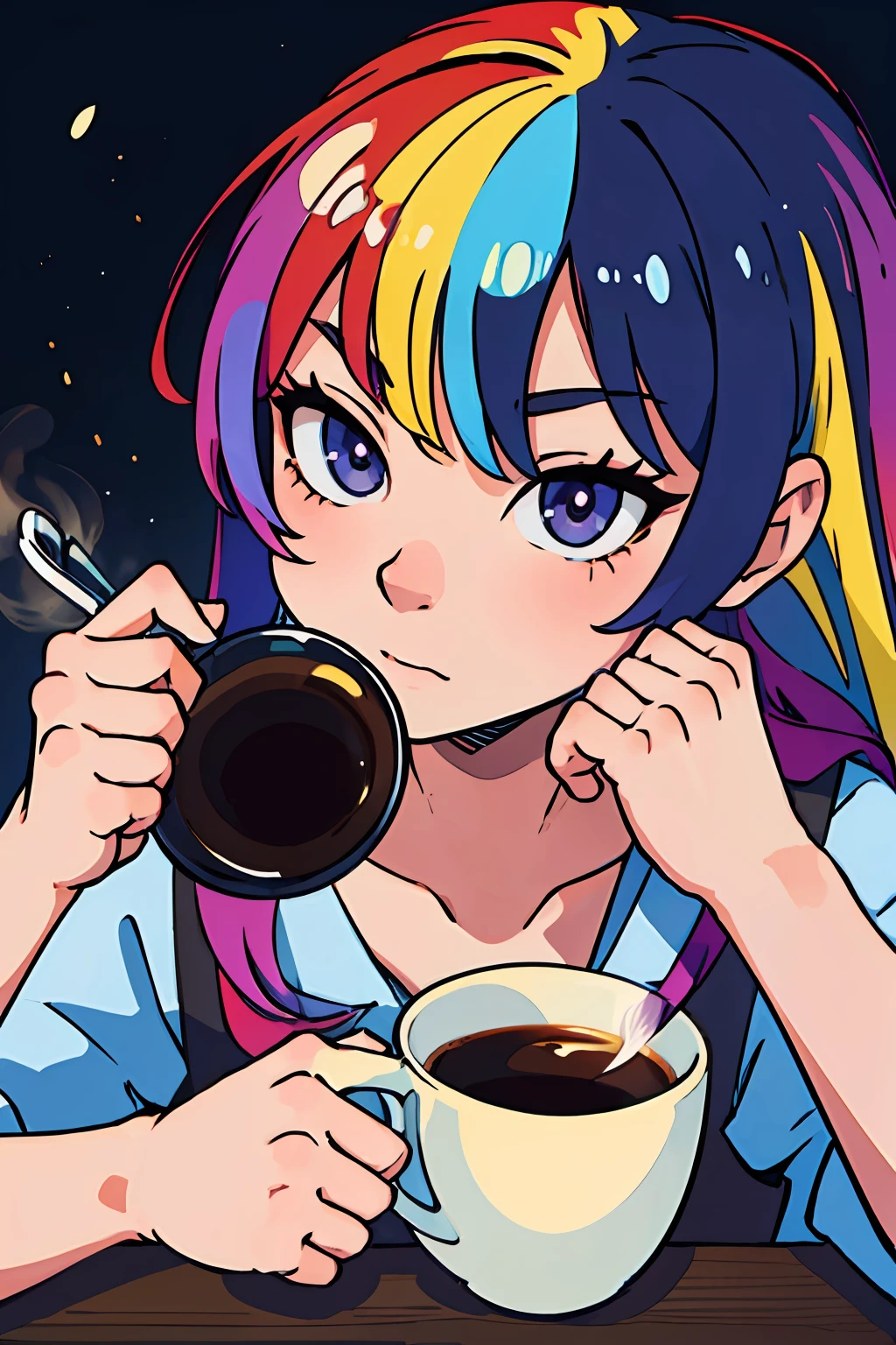 "(best-quality:0.8), perfect anime illustration, extreme closeup portrait of a beautiful woman with rainbow hair  is drinking coffee on a chair"