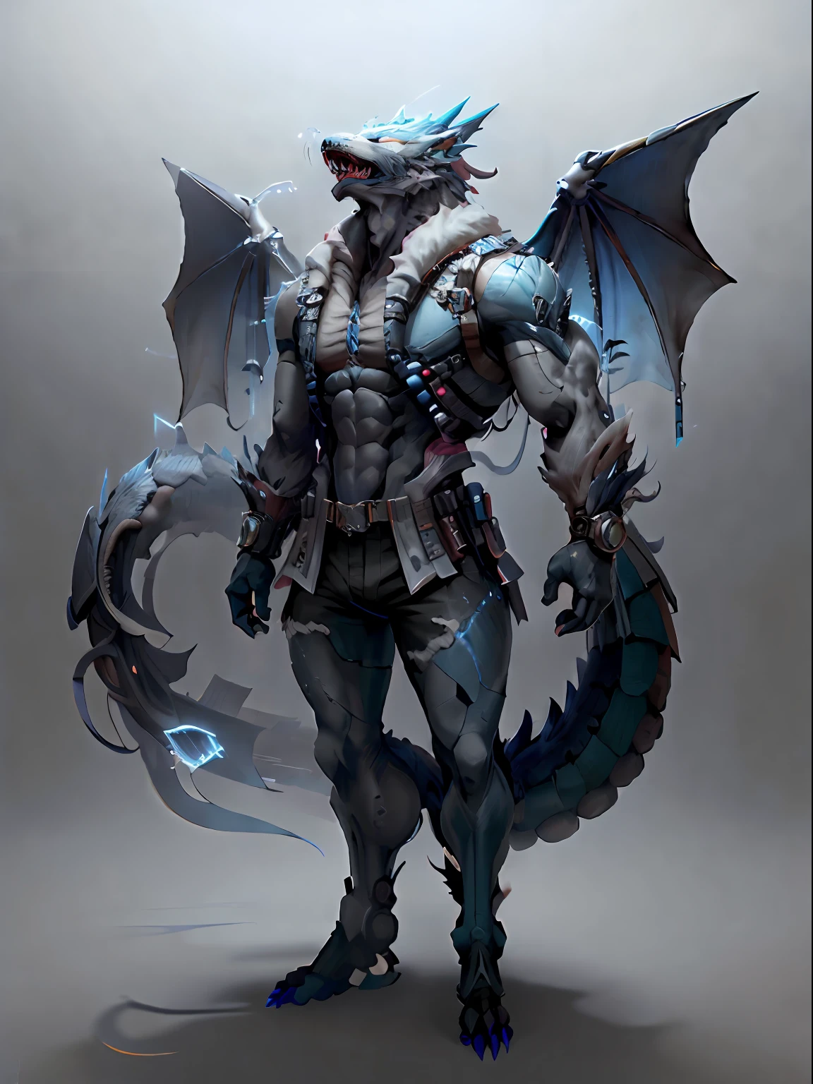 Artificial Intelligence Dragon Man，Full body like，Furry werewolves，A pair of dragon wings，All-black rubber shorts，Whole body body body body fluids，Black skin，Chemical and biological weapons，blue stripe，blue color eyes，sharp talons，Lower body outflow fluid，standing on your feet，drools，In the gas chambers，Stick out her tongue，Lick the skin，Master the magic，Ice on your hands，adolable，ssmile，Handsome，big wolf tail
