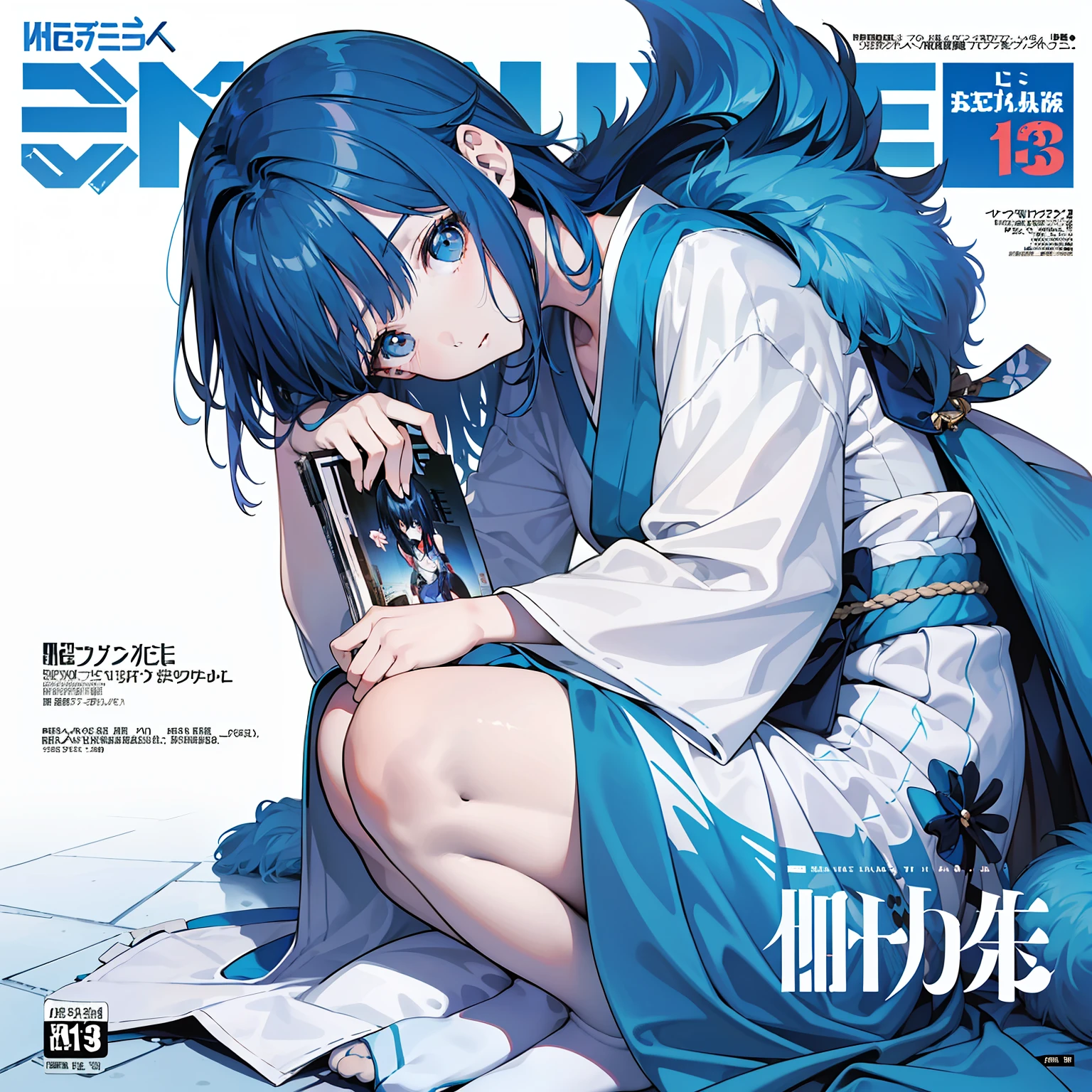 masterpiece, best quality, full body, (1girl), ((solo)), (fourteen years old), (dress princess), (Messy Japanese Round Haircut for Thick Hair), (blue hair), (magazine:1.3), (cover-style:1.3), fashionable, White background