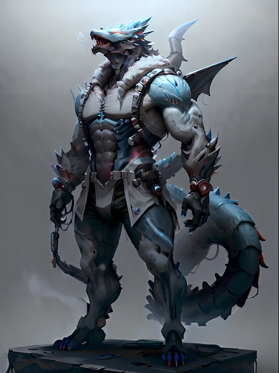 Artificial Intelligence Dragon Man,Full body like,Furry werewolves,A pair of dragon wings,All-black rubber shorts,Whole body body body body fluids,Black skin,Chemical and biological weapons,blue stripe,blue color eyes,sharp talons,Lower body outflow fluid,standing on your feet,drools,In the gas chambers,Stick out her tongue,Lick the skin,Master the magic,Ice on your hands,adolable,ssmile,Handsome,big wolf tail