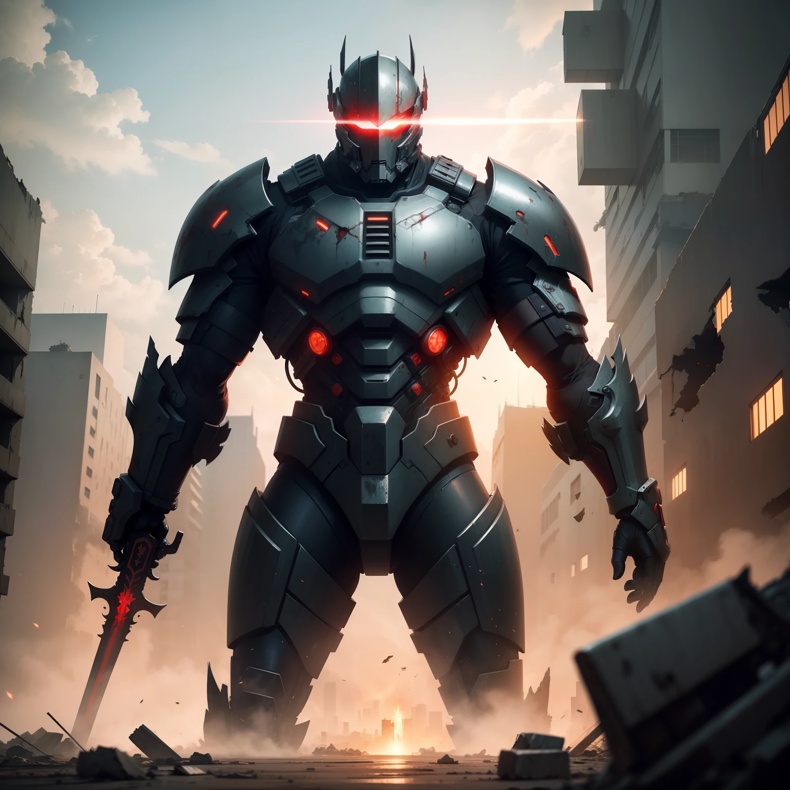 best qualtiy，tmasterpiece，超高分辨率，（真实感：1.4），Doomsday mech，The tone is dim，The eyes glow red，frontage，In ruins，holding enormous sword，Offensive stance，The background is an abandoned city，