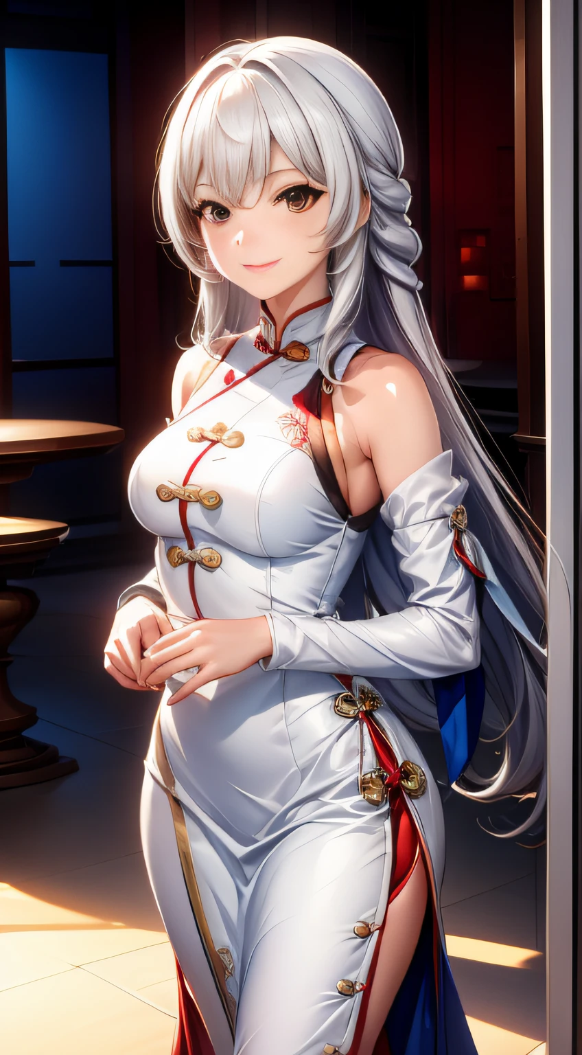Long hair in white color,slimfigure,wearing cheongsam,Stand with a smile。