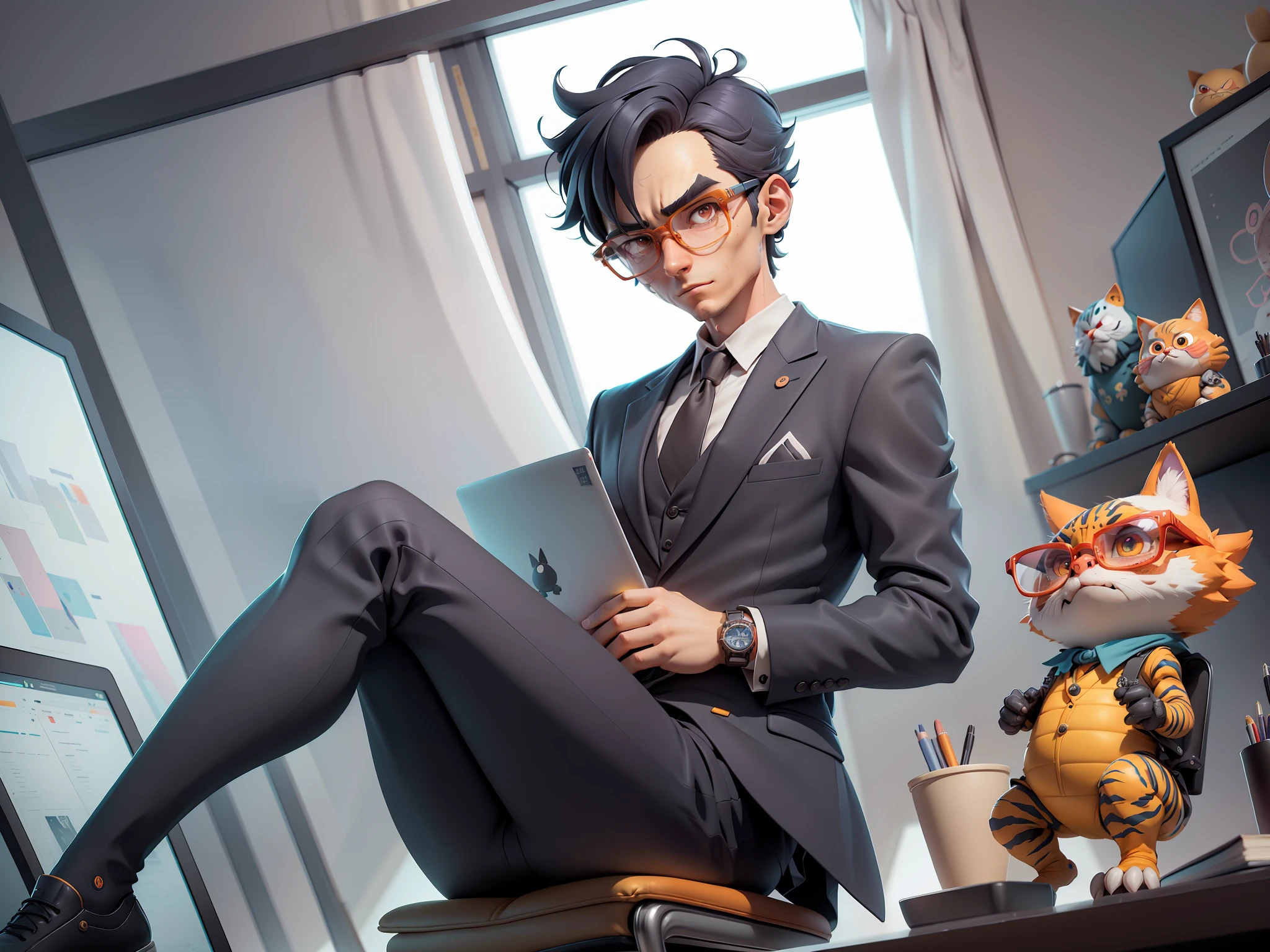 A young man in a suit, Short hair and glasses sat at his desk,holding laptop,digitial painting,tigre,3D character design by Mark Clairen and Pixar and Hayao Miyazaki and Akira Toriyama,4K HD illustration,Very detailed facial features and cartoon-style visuals。