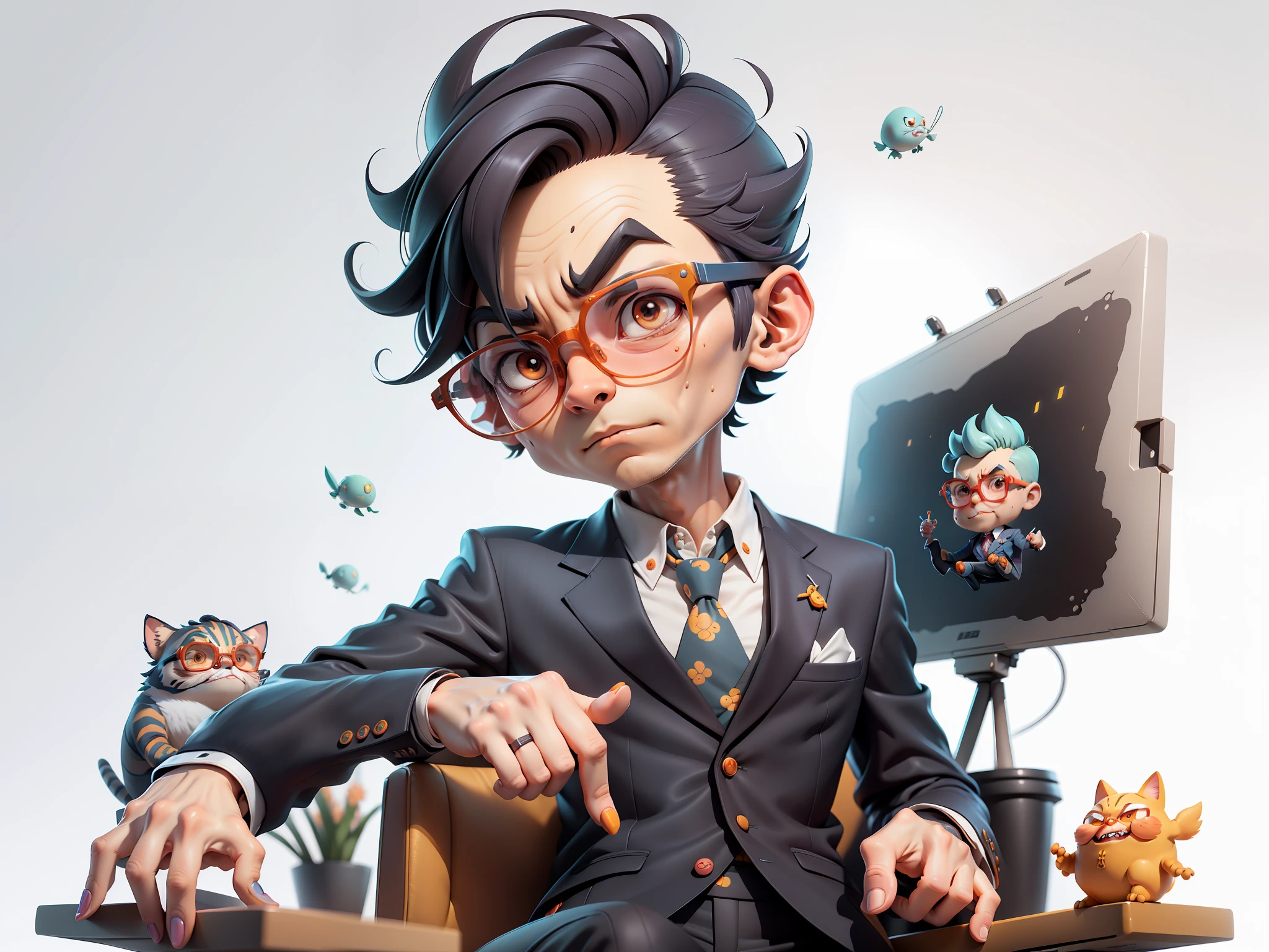 A young man in a suit, Short hair and glasses sat at his desk，holding laptop，digitial painting，tigre，3D character design by Mark Clairen and Pixar and Hayao Miyazaki and Akira Toriyama，4K HD illustration，Very detailed facial features and cartoon-style visuals。