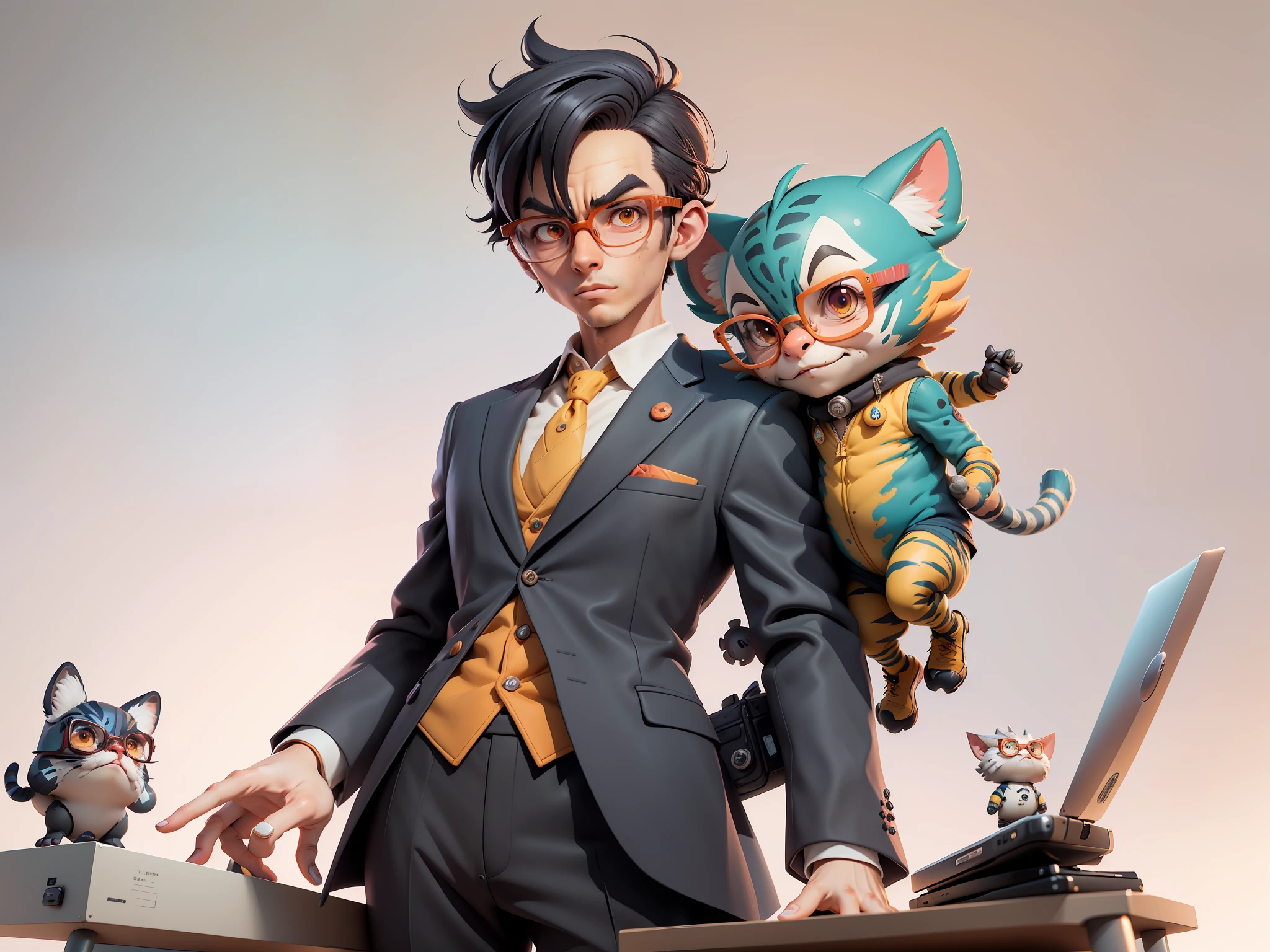 A young man in a suit, Short hair and glasses sat at his desk,holding laptop,digitial painting,tigre,3D character design by Mark Clairen and Pixar and Hayao Miyazaki and Akira Toriyama,4K HD illustration,Very detailed facial features and cartoon-style visuals。