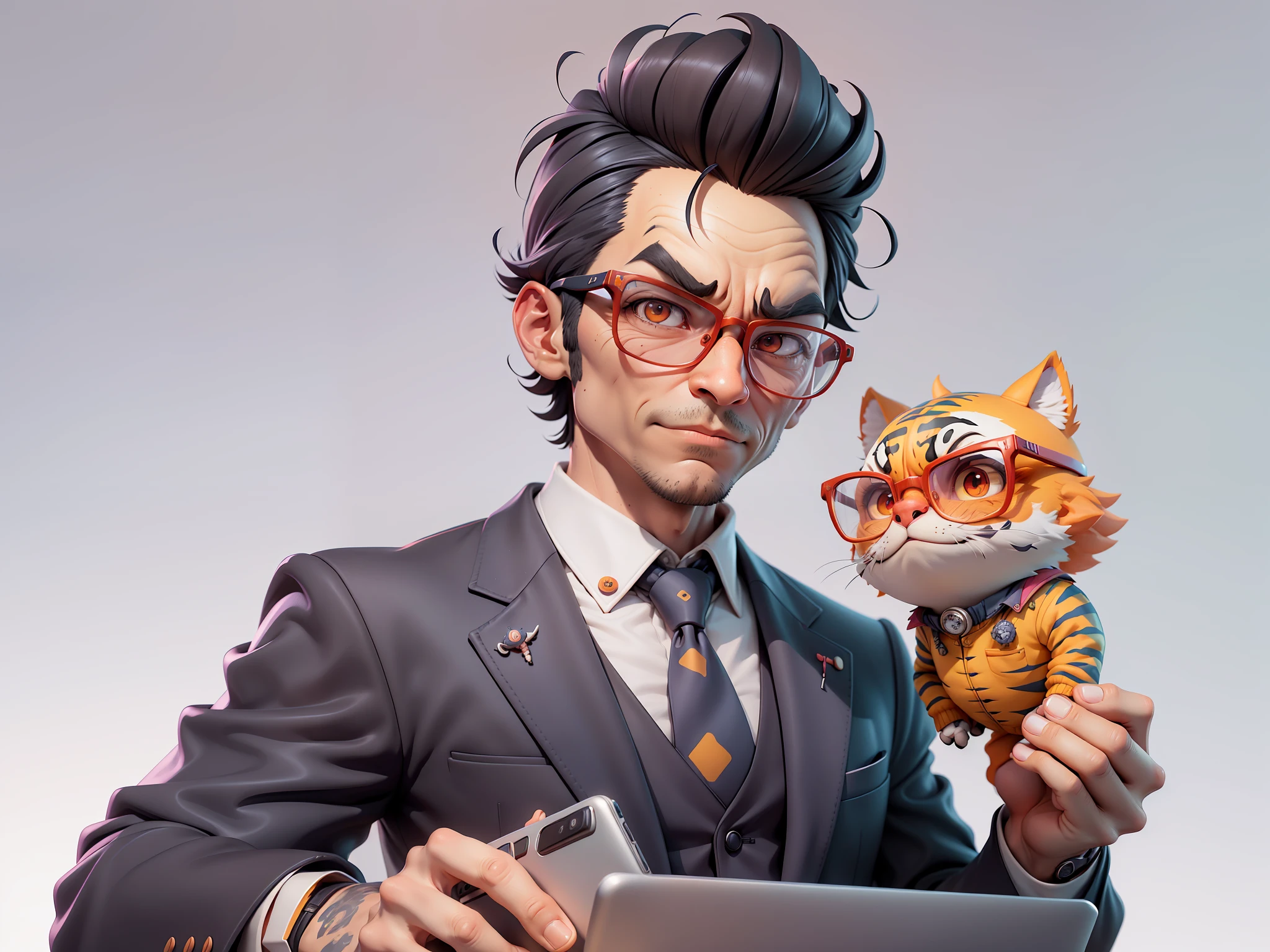 A young man in a suit, Short hair and glasses sat at his desk,holding laptop,digitial painting,tigre,3D character design by Mark Clairen and Pixar and Hayao Miyazaki and Akira Toriyama,4K HD illustration,Very detailed facial features and cartoon-style visuals。