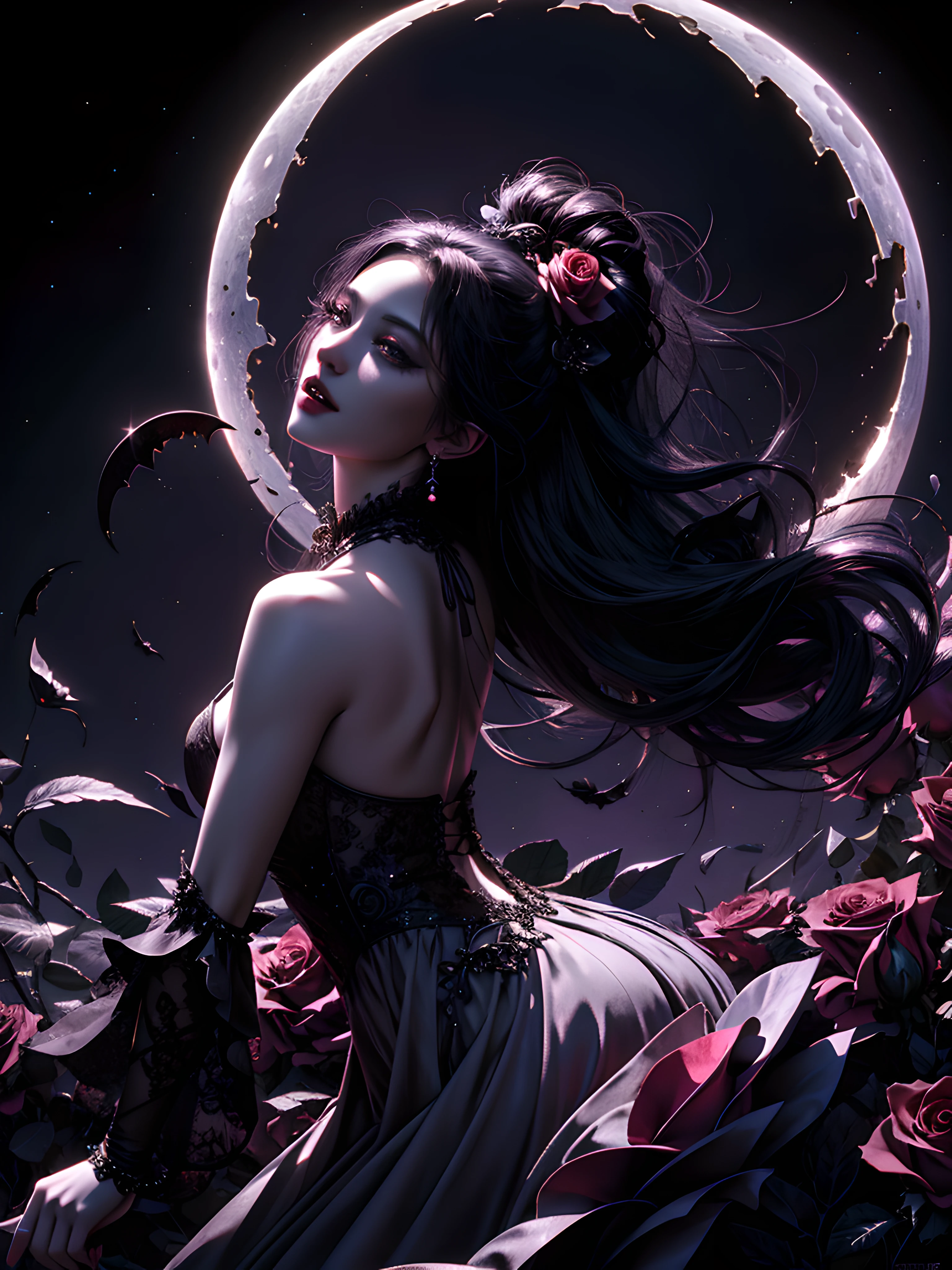 best quality, masterpiece, Surreal dark fantasy style, a goddess of vampires dancing in the moonlight on a beautiful rose, dreamy, (hyper detailed face:1.2), soft light, moonlight, ray tracing, lots of roses, full length shot, soft illumination, highly detailed, 8k