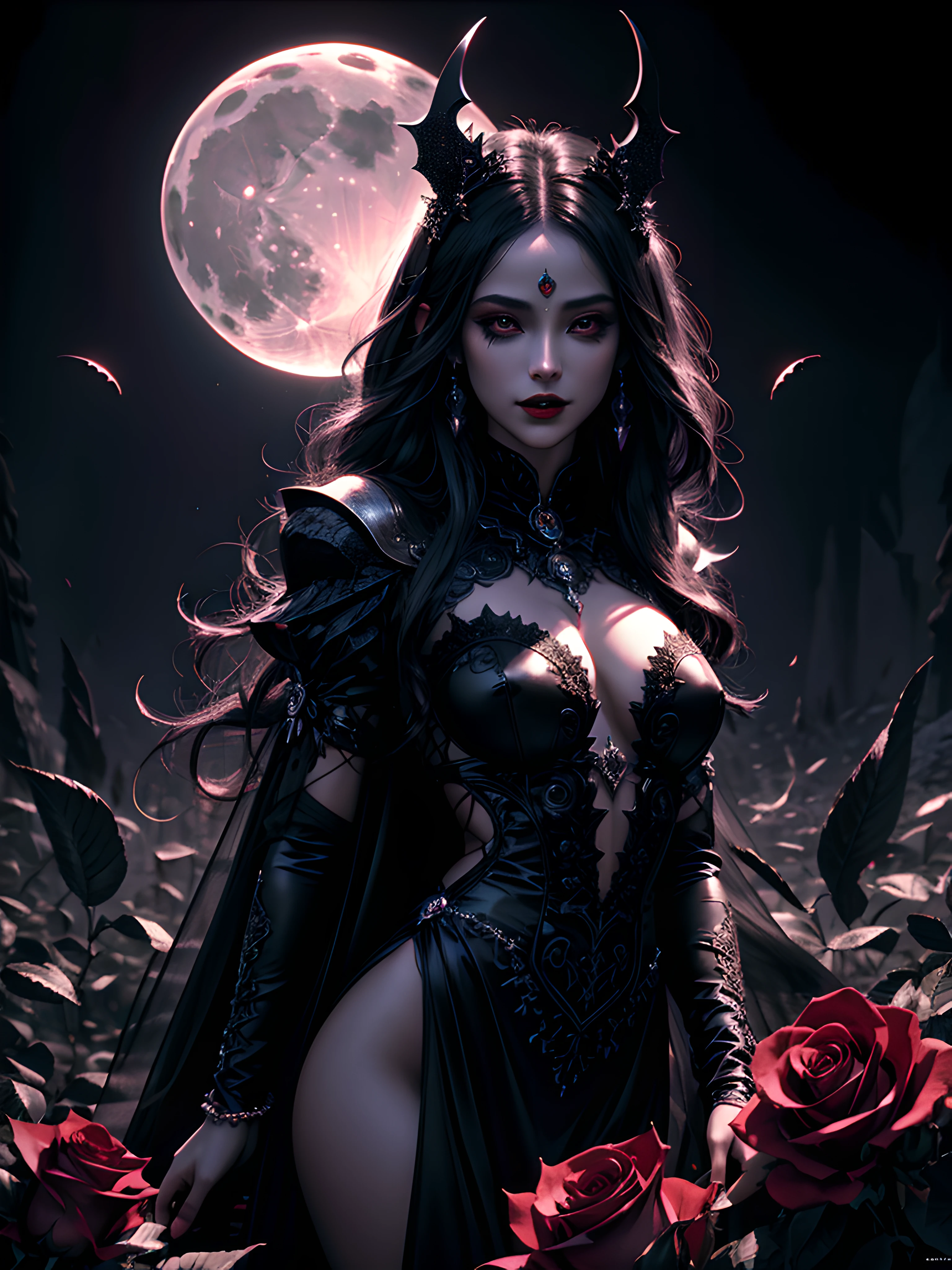 best quality, masterpiece, Surreal dark fantasy style, a goddess of vampires dancing in the moonlight on a beautiful rose, dreamy, (hyper detailed face:1.2), soft light, moonlight, ray tracing, lots of roses, full length shot, soft illumination, highly detailed, 8k