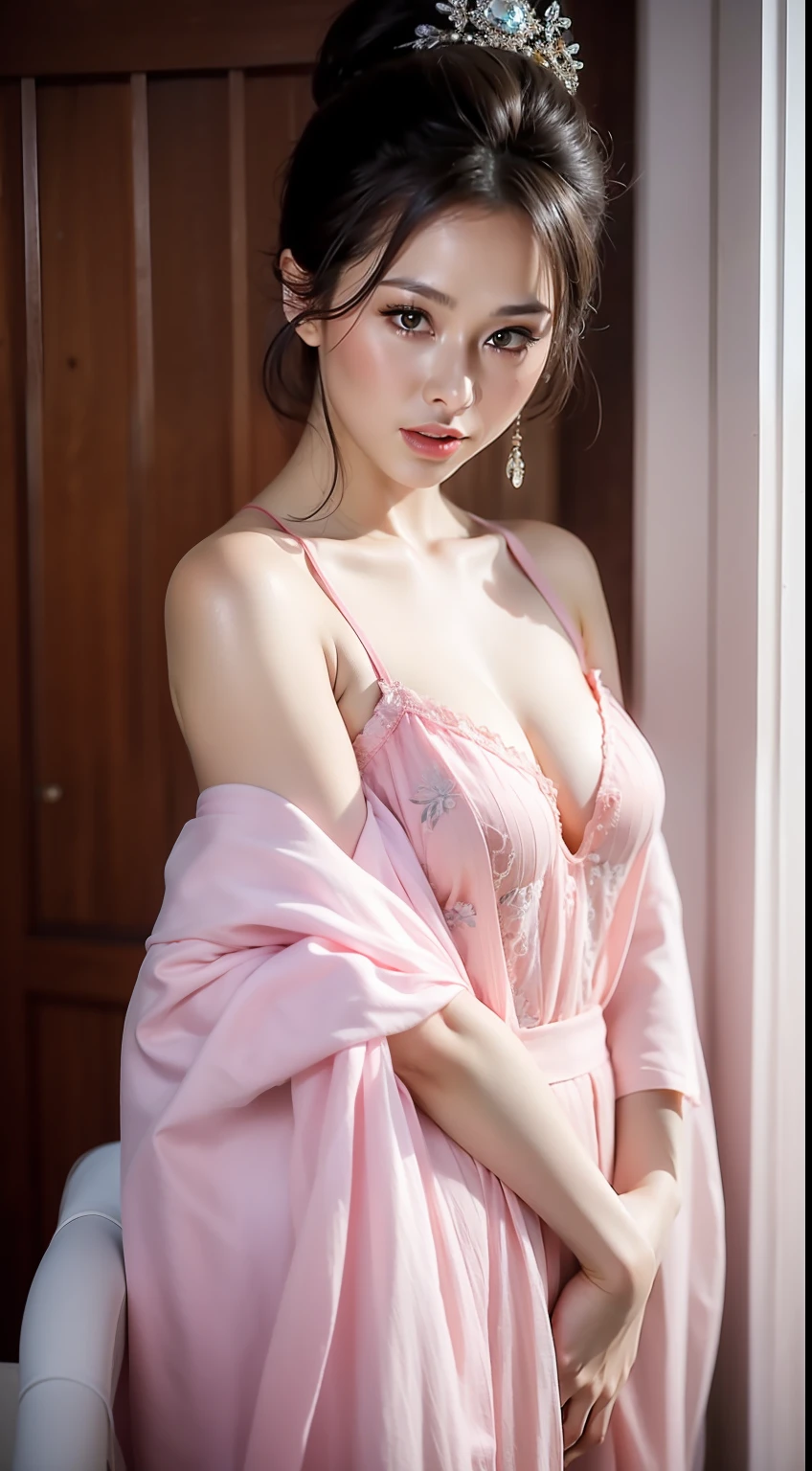 Fashion model 20 years old [[[[closeup cleavage]]]], [[[[boobgasm]]]], [[[[coll]]]], [[[[bshoulders]]]], perfect  eyes, Perfect iris，Perfect lips，perfect teeth，Perfect skin，Slender face，Soft front light，hdr，Movie girl，Casual，The background is indoors；（pastel colour：1.2）
