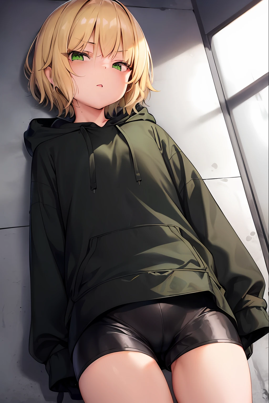 Low , beautiful green eyes, golden short hair, A noticeable scar on his left cheek, little chest, Oversized dark clothing, jacket or hoodie, Black T-shirt, Short (just above the knee) tight shorts, Secretive. Overhead view