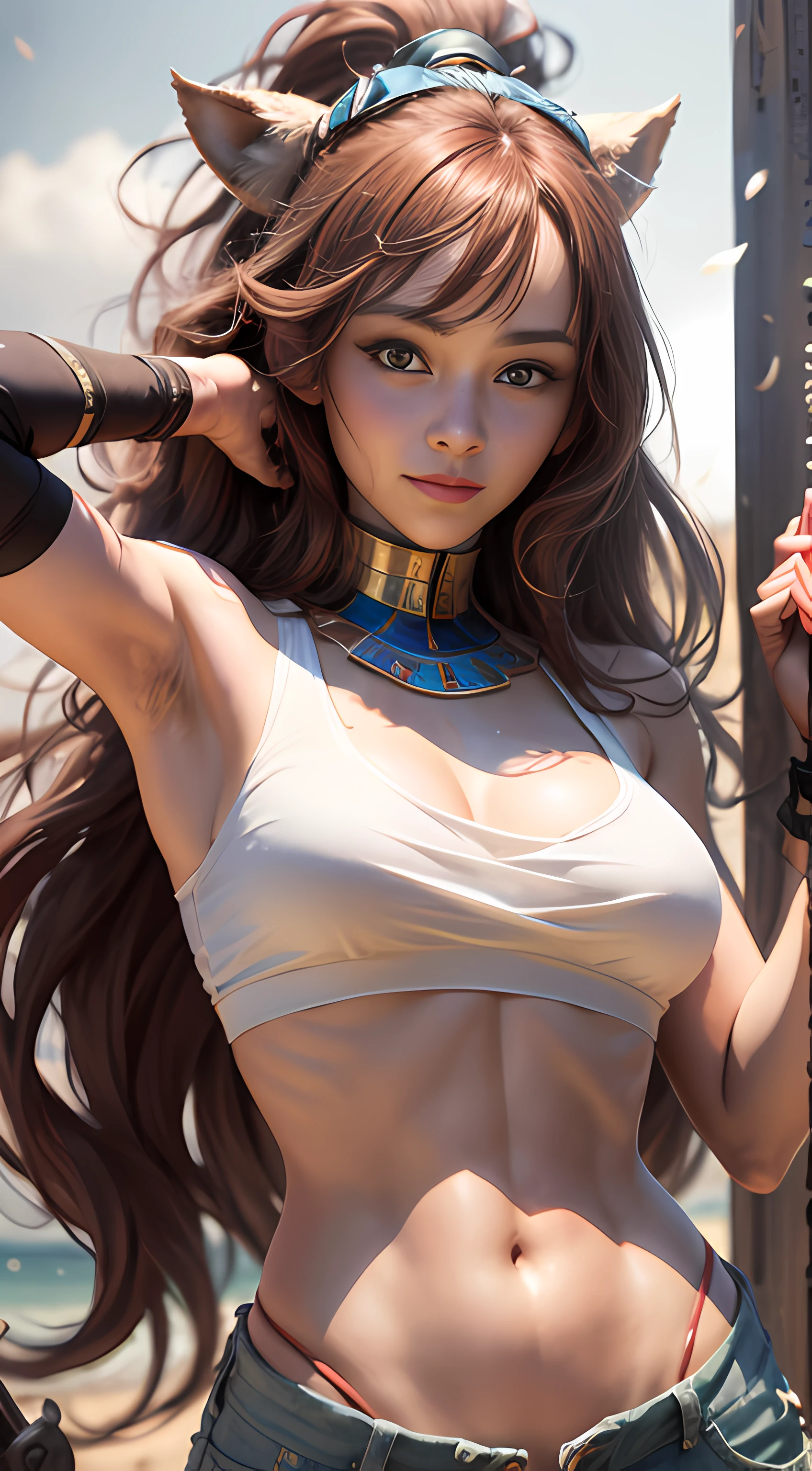 best qualtiy， tmasterpiece， photograph realistic， Complicated details， RAW photogr， Photon rendering， rendering by octane， absurderes， ultra - detailed， 详细的脸， Detailed skins， trends in art station， 8K masterpiece， cinmatic lighting， （ （1girll）），（（独奏）），（（Looking_at_peeping at the viewer）），plastics，（（Red long-haired）），（（Beutiful women）），（ssmile），White crop top， （（no-bra）），（（Egyptian pyramids）），（Raised sexy））， The wind blows hair， （（floated hair）），cheerfulness，