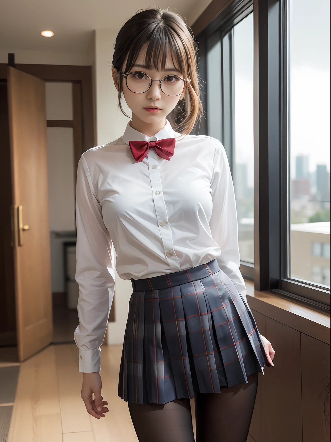 （8K、Raw photography、top-quality、​masterpiece：1.2),Black pantyhose,absurderes,a small face,small tits,flat breast,Parting the bangs from the middle、Forehead visible,(Tight eyes,Bullish,skinny,Rasping,irate)、​masterpiece,top-quality、超A high resolution,Raw photo,ren,Beautiful fece,One Person, 独奏,eye glass,,Dark look,Small breasts,fullllbody,Round glasses、cute little、A Japanese Lady,is standing,(Tight eyes,Bullish,skinny,Rasping,irate,small tits,flat breast)、（Photorealsitic：1.37）、Photon mapping,Light blue ribbon,Realistic、Cute little face,Brown-eyed、Black socks、(Red bow tie)、Radio City、Physically Based Rendering、Foreground、depth of fields、Blurry background、a picture,The girls、Body, Long legs, Thin leg,poneyTail,(Bangs are visible), hair, s lips, Blue_The eye, nosesoft,White shirt, Navy blue and white plaid pleated skirt, Knees are visible,Sheer clothing,, Thigh, Black cotton socks,Nogizaka Idol, 女優, Japanese ido
