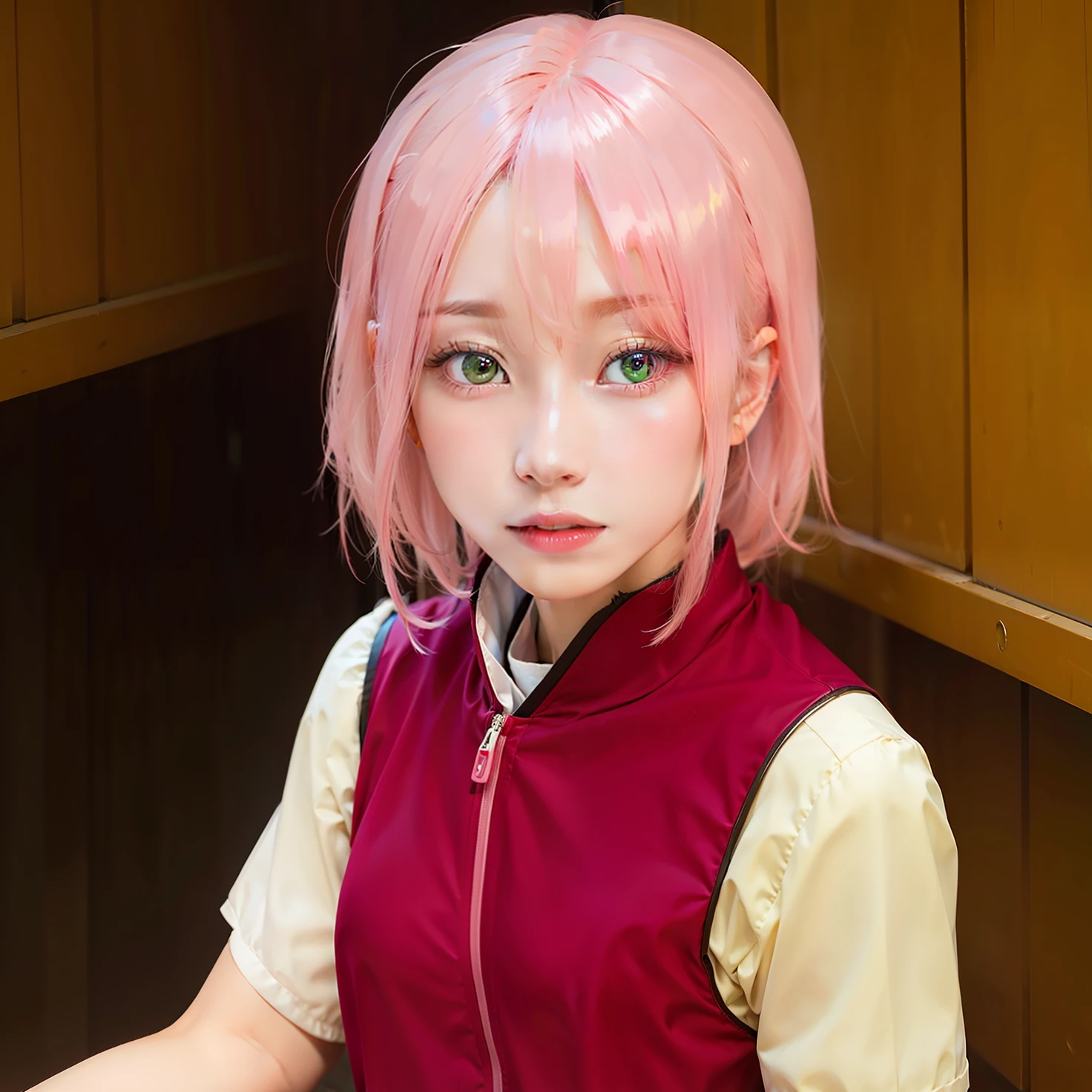 1girl, haruno sakura, pink hair, red clothes, green eyes, realistic, ultra detail