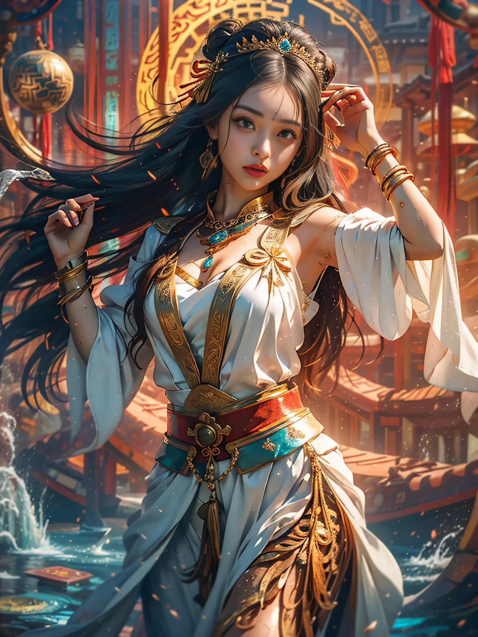 A Buddhist Bodhisattva Girl, (Masterpiece, Top Quality, Best Quality, Official Art), (KPOP idol), (Super Long Hair, Messy Long Flowing Hair, Light Pink Long Hair), Delicate Jewelry, Delicate Bracelet, Delicate Hair Ornament, High Feeling, Aperture in the Back, Fairy Fluttering, Looking Up View, Barefoot, Golden Bracelet on Ankle, Ancient Chinese Costumes, (Conservative Clothes), (Gorgeous Silk, Flowing Tulle, Flying Silk Around), dazzling background, Golden aperture on the back, gold Falun on the back, best light, best shadow, movie lighting, mystery, background pure black with ring aperture, ultra HD, 8k, fair skin, Wolp_style, duhuang_style, upper body close-up, detailed face, (sideways: 1.5), 28 years old, 1girl, well-dressed, super long clothes, one leg on the ground, left hand to do Buddha hand on chest, the other raised above the head to do bergamot, surrealism, photo, realistic,{(Surfacing from the clear pool,(Splashes around the body: 2.0), Splashes, Water ripples)}, (Wet clothes: 1.5) (Wet body: 3.0), (Wet hair: 1.5)}, Mid-chest, 48KG weight, smooth skin, light blue pupils, detailed eye painting, (Super white skin, supple skin), (Face focus, bending over to look at the camera, snap), light hitting the face