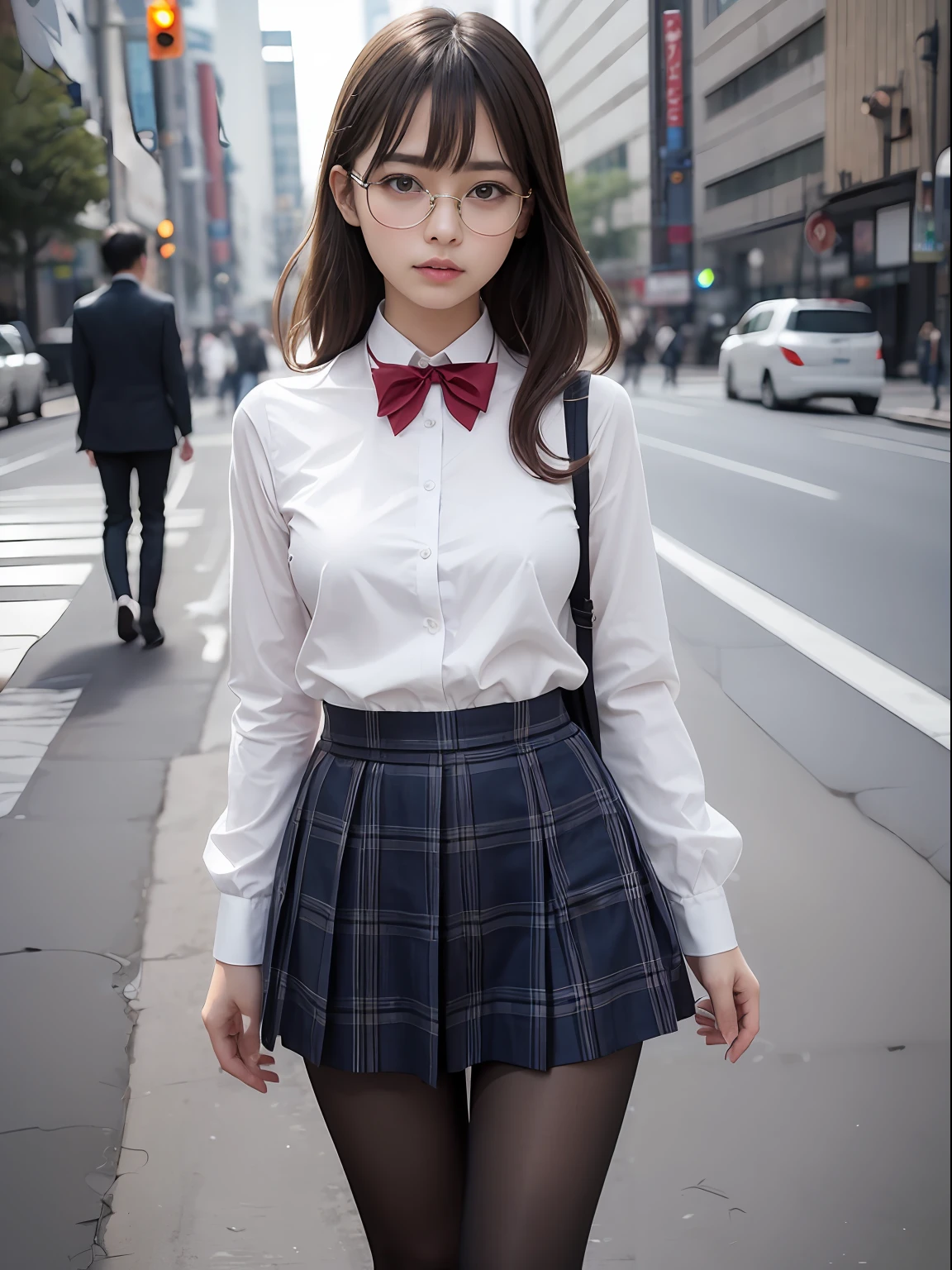 (8K、Raw photography、top-quality、masterpiece:1.2),Black pantyhose,absurderes,a small face,small tits,flat breast,Parting the bangs from the middle、Forehead visible,(Tight eyes,Bullish,skinny,Rasping,irate)、masterpiece,top-quality、超A high resolution,Raw photo,ren,Beautiful fece,One Person, 独奏,eye glass,,Dark look,Small breasts,fullllbody,Round glasses、cute little、A Japanese Lady,is standing,(Tight eyes,Bullish,skinny,Rasping,irate,small tits,flat breast)、(Photorealsitic:1.37)、Photon mapping,Light blue ribbon,Realistic、Cute little face,Brown-eyed、Black socks、(Red bow tie)、Radio City、Physically Based Rendering、Foreground、depth of fields、Blurry background、a picture,The girls、Body, Long legs, Thin leg,poneyTail,(Bangs are visible), hair, s lips, Blue_The eye, nosesoft,White shirt, Navy blue and white plaid pleated skirt, Knees are visible,Sheer clothing,, Thigh, Black cotton socks,Nogizaka Idol, 女優, Japanese ido