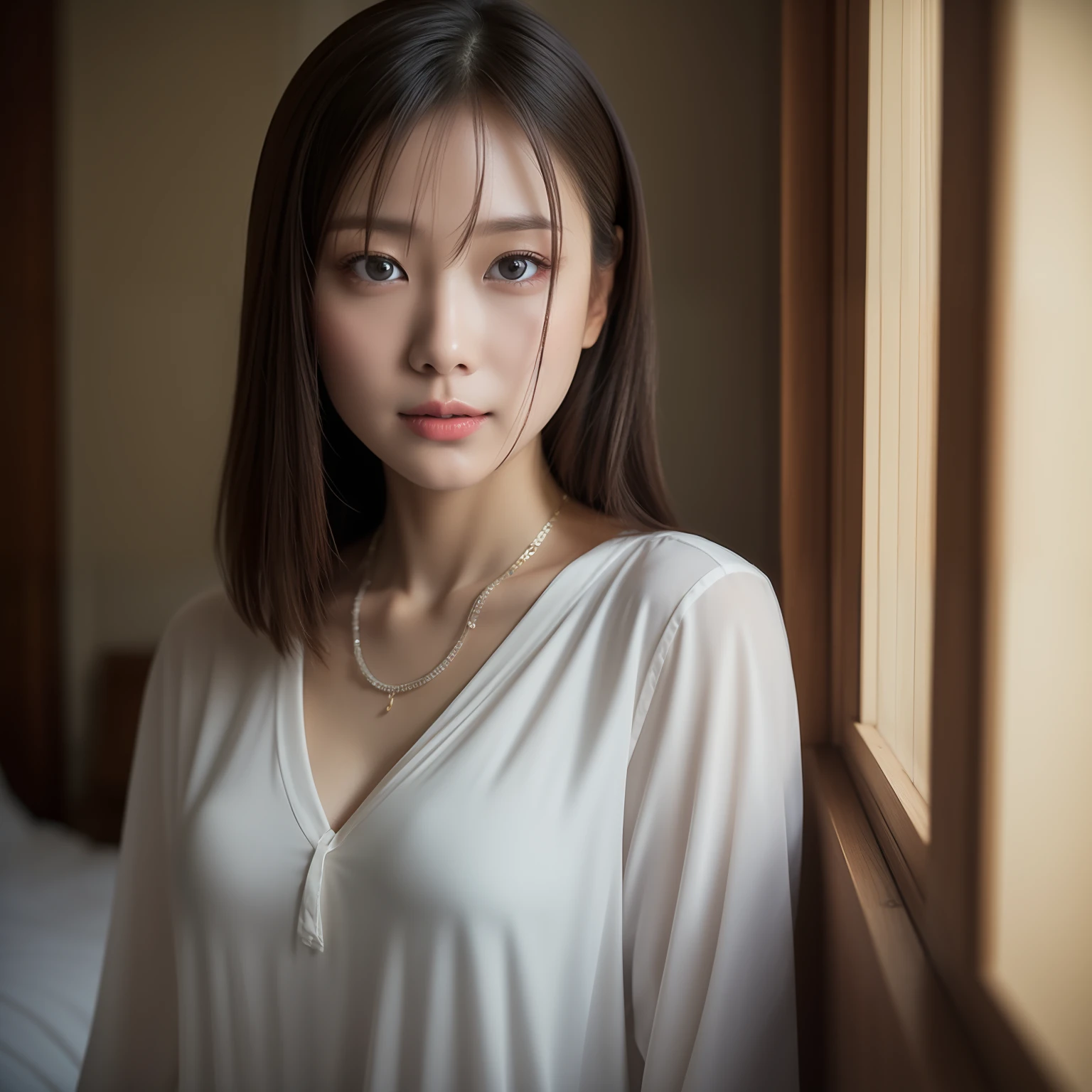 top-quality、masterpiece、hight resolution、1girl、s Pajamas、hairaccessories、a necklace、jewely、beautiful countenance、On the body、Tyndall effect、realisitic、bedroom、Edge Lighting、Two-tone lighting、(highdetailskin: 1.2) 、8k UHD、Digital SLR、softlight、hightquality、volumatic light、Frankness、a picture、hight resolution、4k、8k、Background blur、