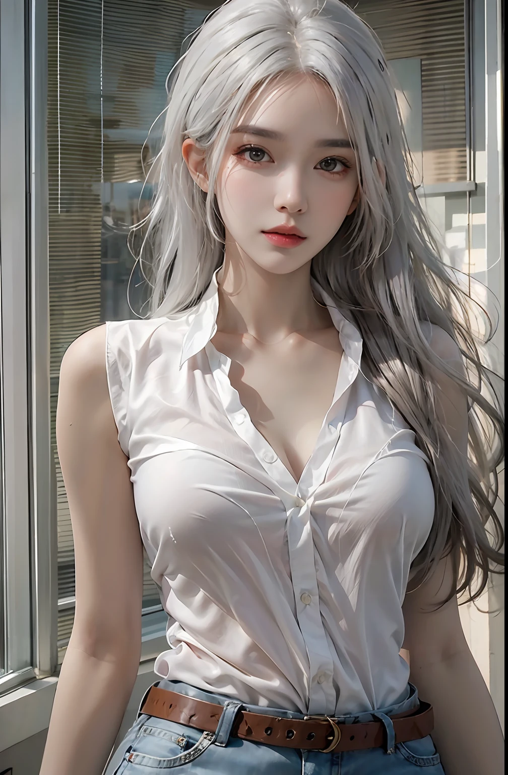 photorealistic, high resolution, 1women, solo, hips up, look at viewer, (detailed face), white hair, long hair, just wearing a long shirt, no pants